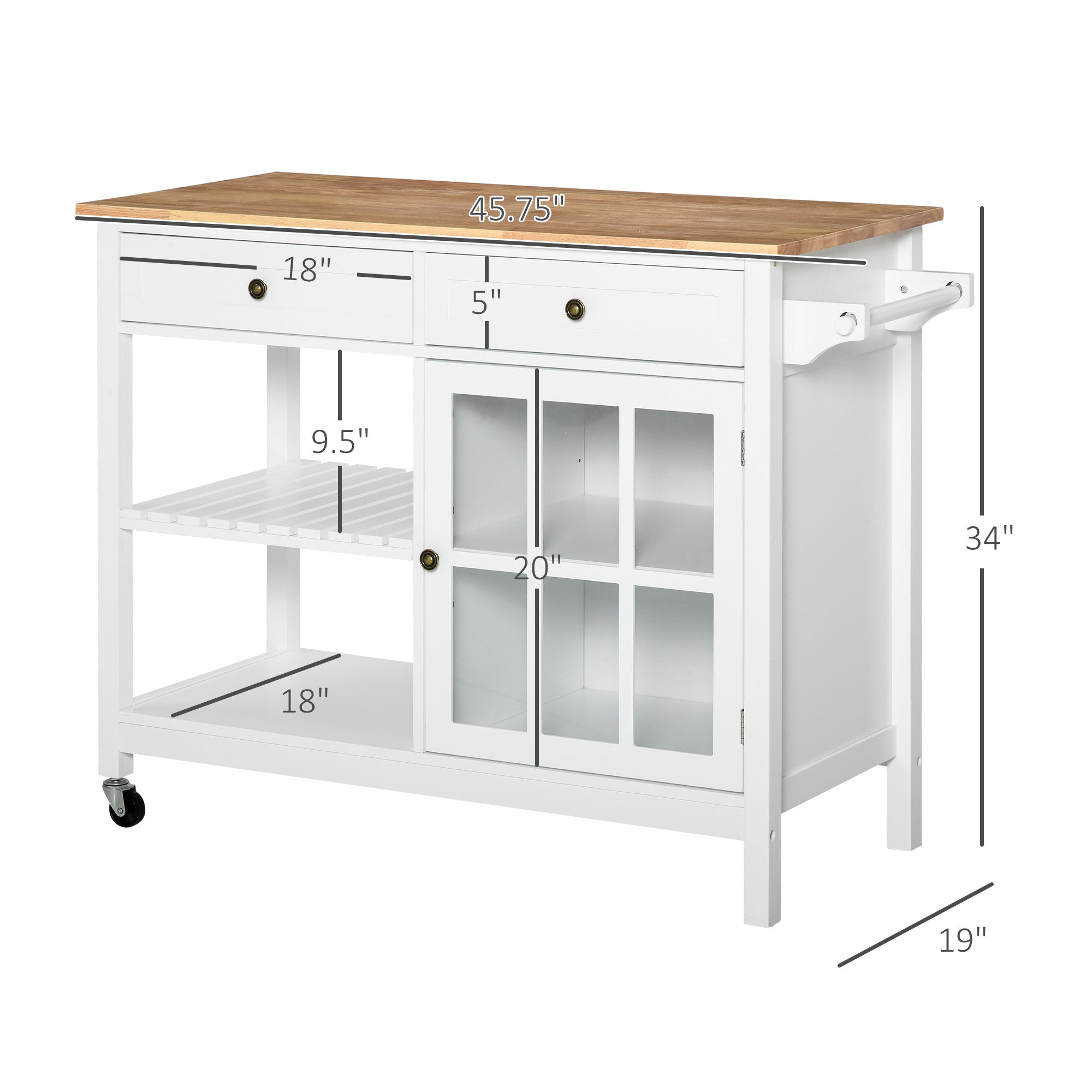 HOMCOM Rolling Kitchen Island, Kitchen Cart on Wheels with Rubber Wood Top, Towel Rack, Cabinets, Drawers for Dining Room, White