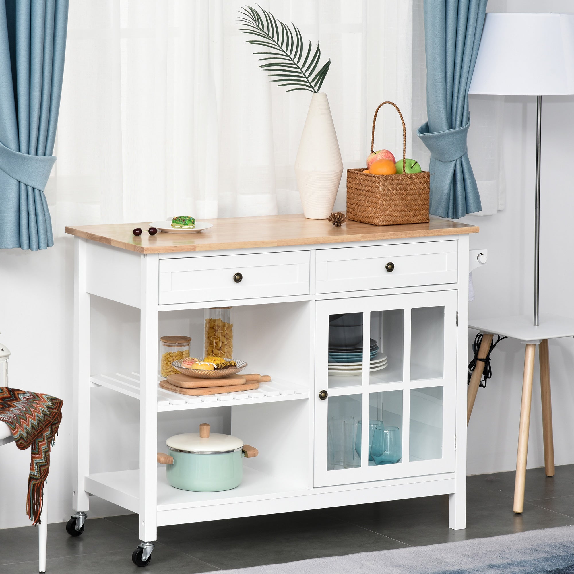 HOMCOM Rolling Kitchen Island, Kitchen Cart on Wheels with Rubber Wood Top, Towel Rack, Cabinets, Drawers for Dining Room, White