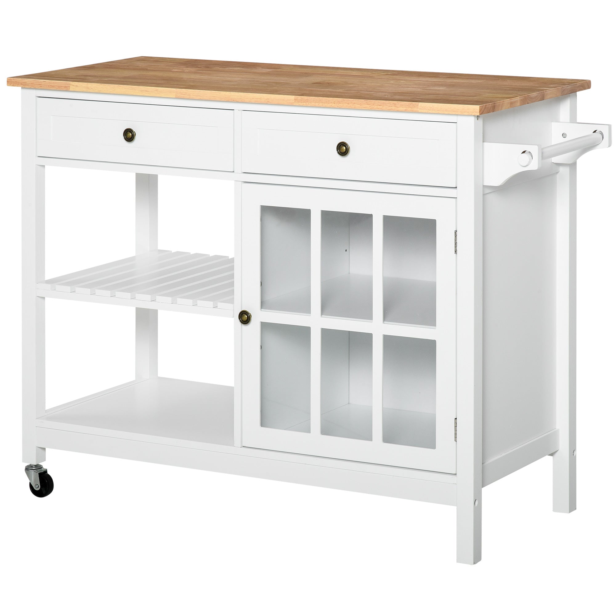 HOMCOM Rolling Kitchen Island, Kitchen Cart on Wheels with Rubber Wood Top, Towel Rack, Cabinets, Drawers for Dining Room, White