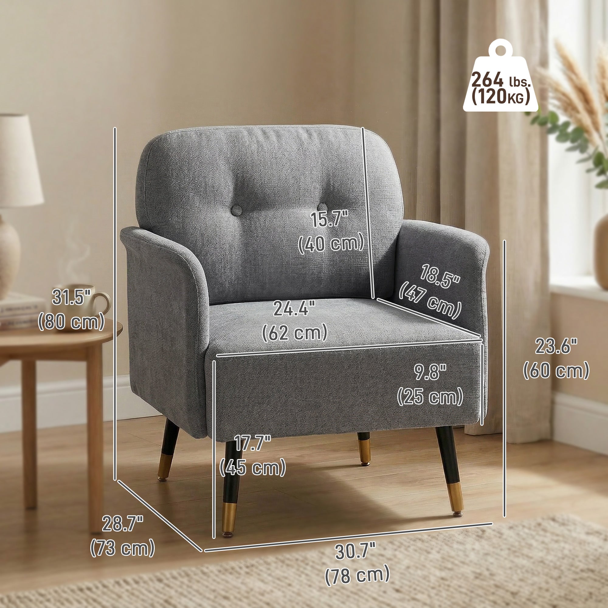 Modern Button Tufted Accent Chair, Upholstered Armchair, Living Room Chair with Thick Cushion and Metal Legs, Grey