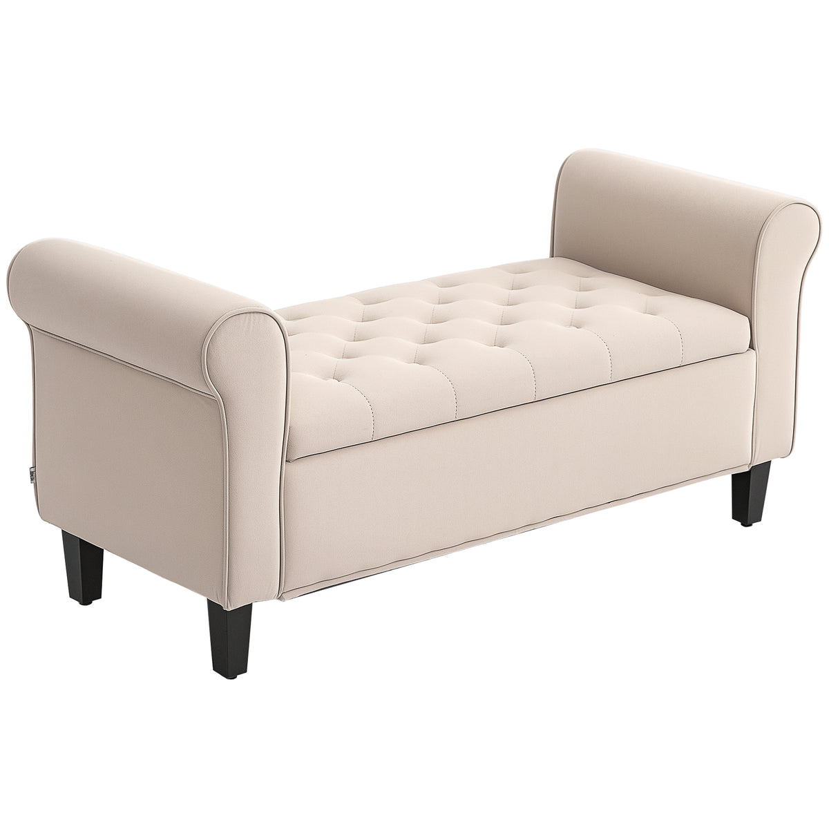 50" Storage Ottoman, Upholstered Bedroom Bench with Rolled Arms, Wood Legs, Button Tufted Storage Bench Seat with Safety Hinges for Entryway, Bedroom, Beige