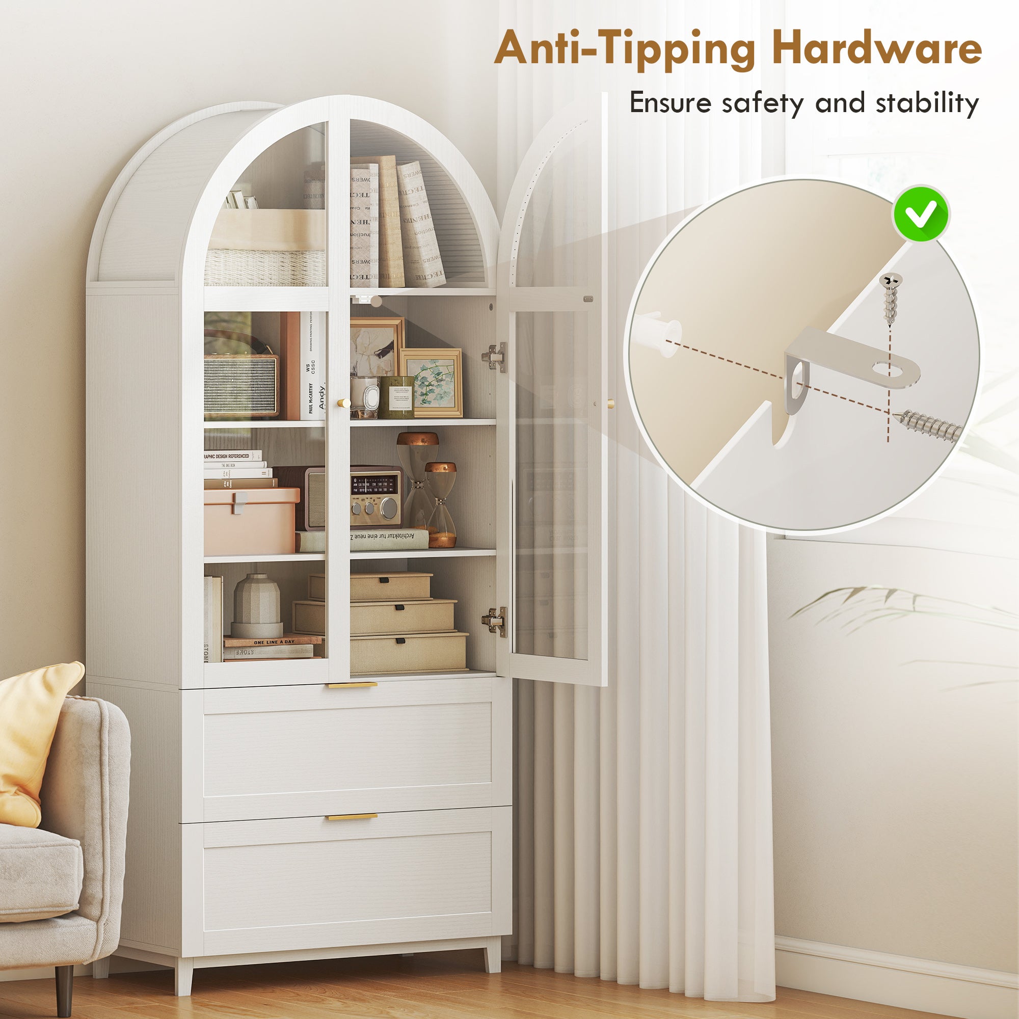 71" Tall Arched Kitchen Pantry Cabinet, Farmhouse Freestanding Kitchen Storage Cabinet with Adjustable Shelves, 2 Drawers, Acrylic Doors for Living Room, Dining Room, White