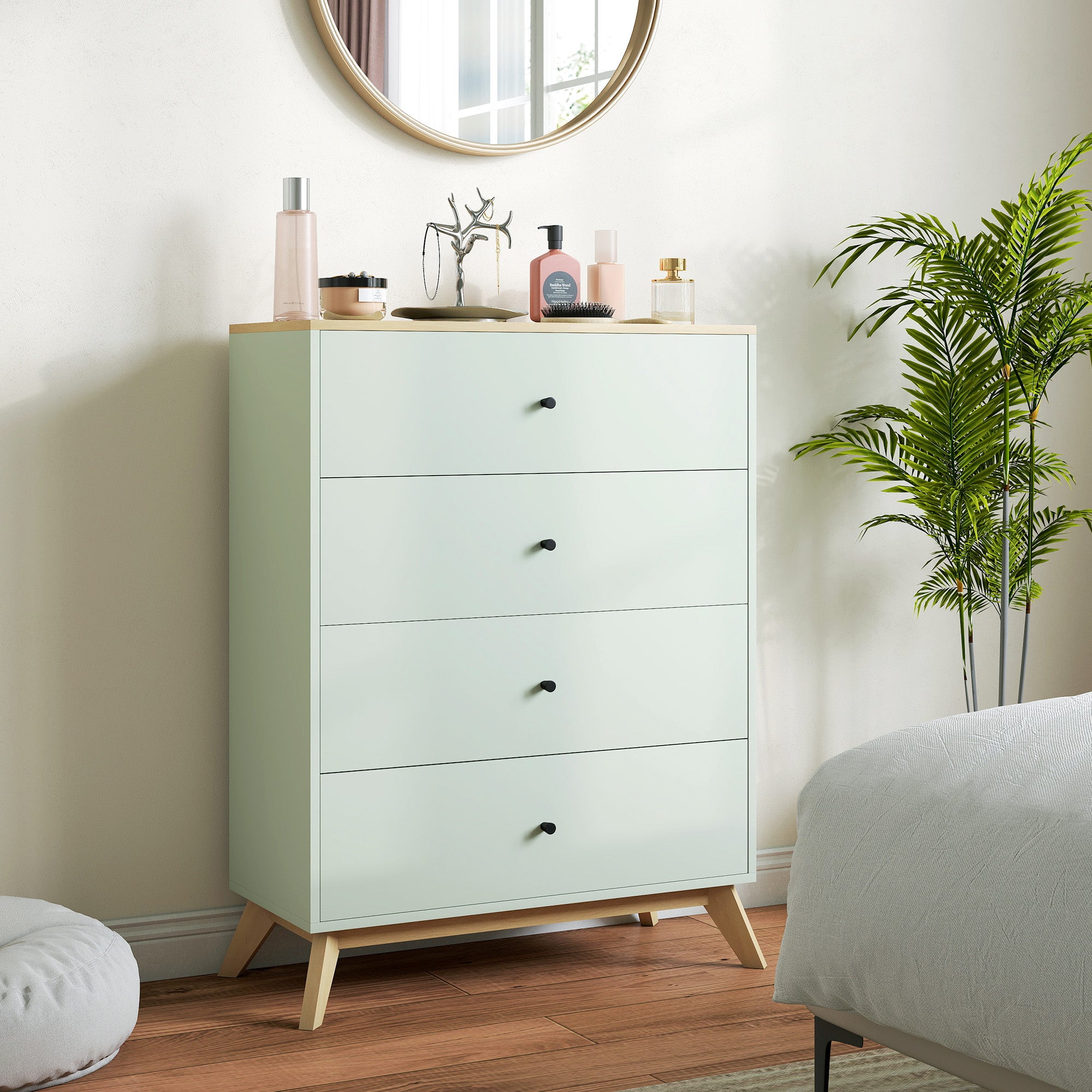 Chest of Drawers, 4 Drawer Storage Cabinet Floor Tower Cupboard for Bedroom Living Room, Light Green and Oak