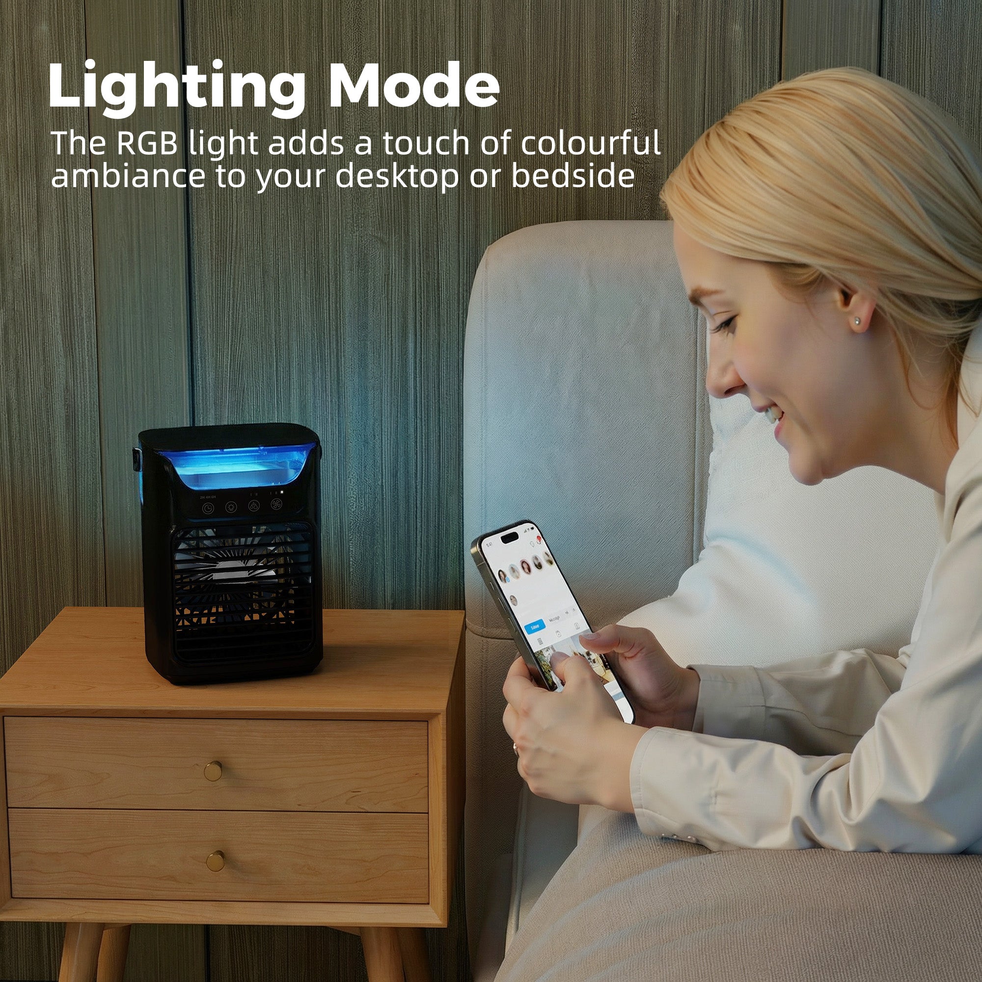21 cm Desk Fan with Adjustable Head, 3-Speed Table Fan with 700 ml Water Tank, Small Fan with RGB Light for Bedroom, Home Office, Black