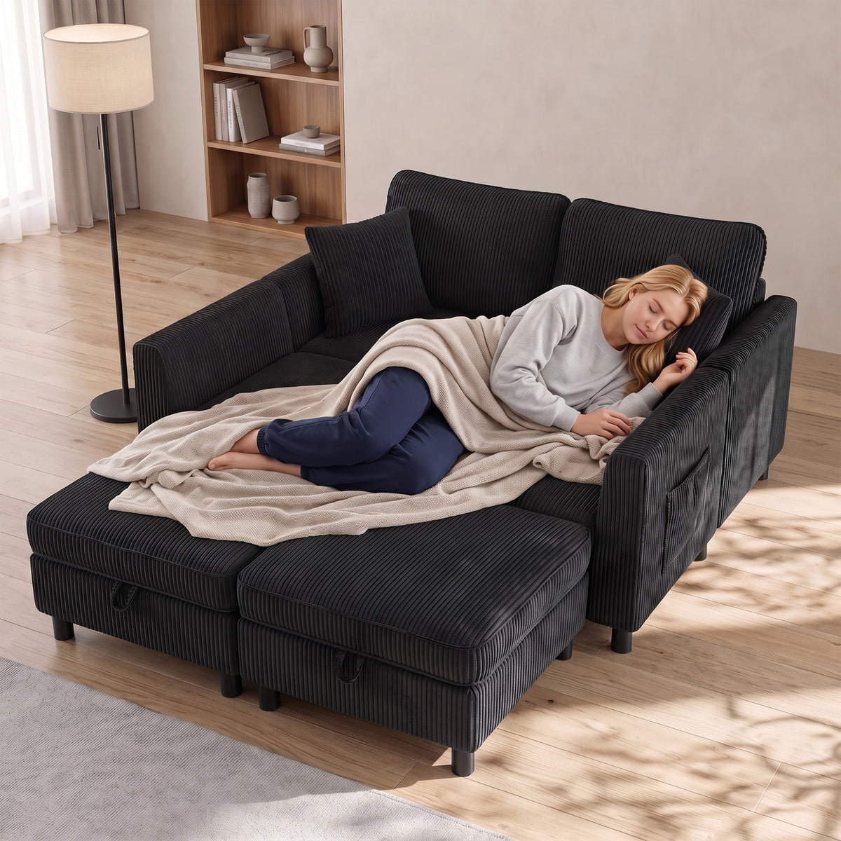 Modular Sectional Sofa with Dual Storage Ottoman, 306 cm 4 Seater U-Shaped Couch, Corduroy Sofa Bed with Under-Seat Storage, 4 Pillows, Pocket Springs, Pockets, Dark Grey