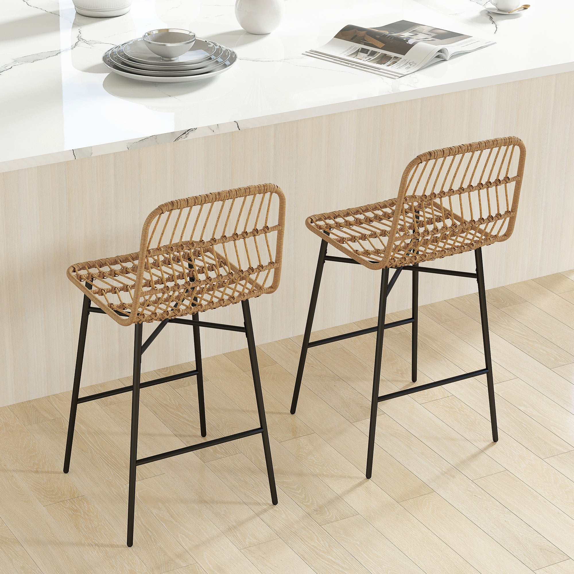 HOMCOM Rattan Counter Height Bar Stools Set of 2, 26" Wicker Barstools with Back, Modern Bar Chairs for Kitchen Island, Kitchen Counter and Dining Room, Brown