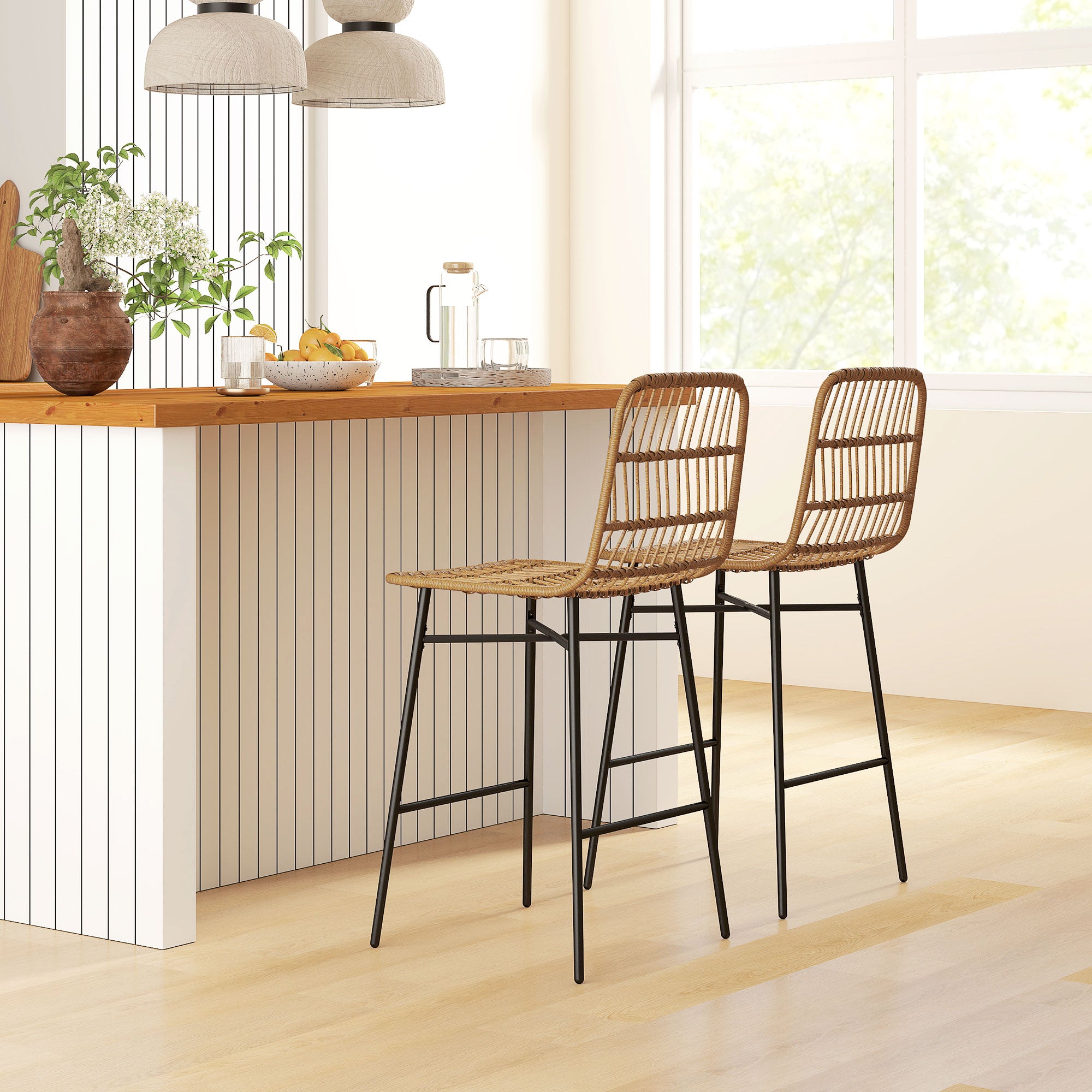 HOMCOM Rattan Counter Height Bar Stools Set of 2, 26" Wicker Barstools with Back, Modern Bar Chairs for Kitchen Island, Kitchen Counter and Dining Room, Brown