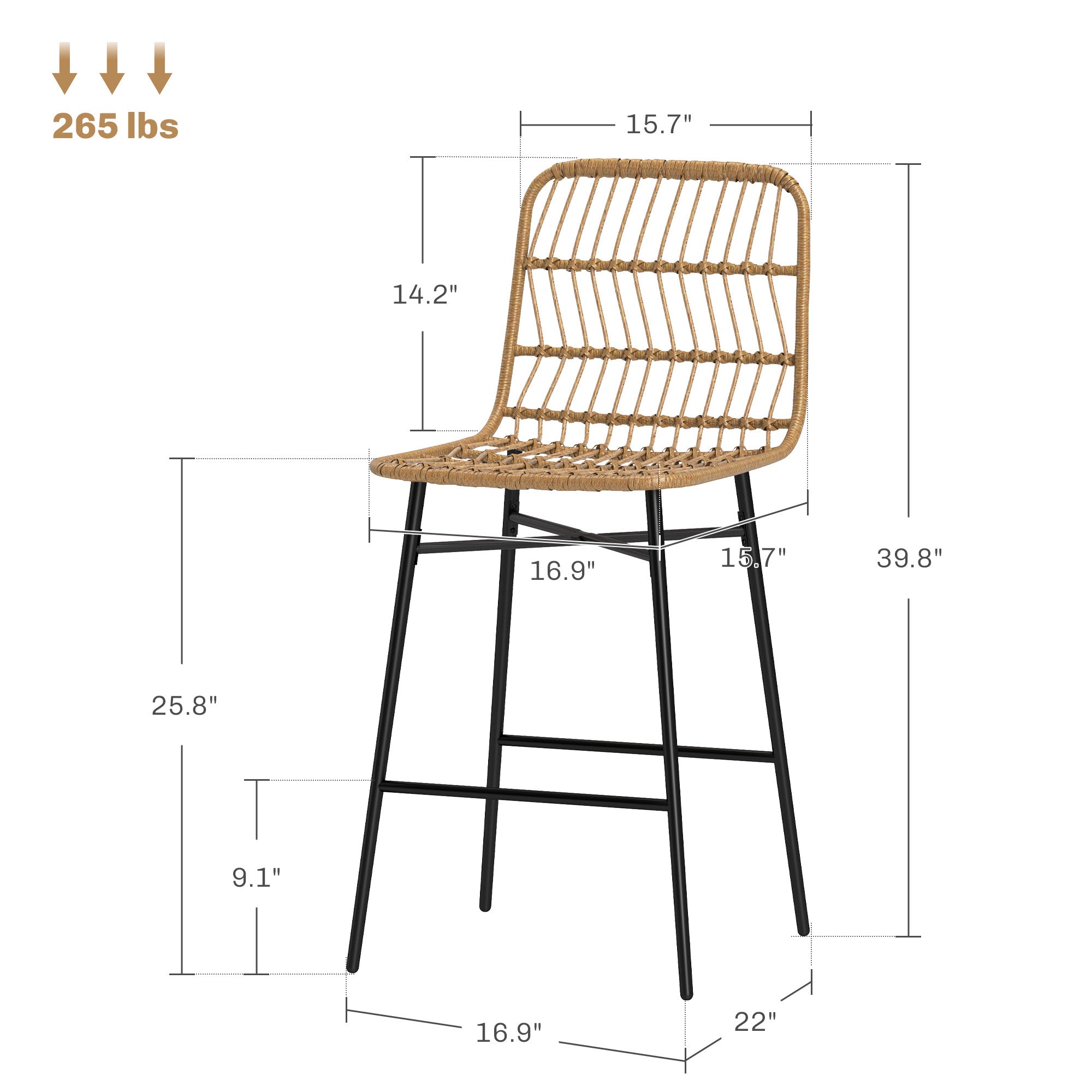 HOMCOM Rattan Counter Height Bar Stools Set of 2, 26" Wicker Barstools with Back, Modern Bar Chairs for Kitchen Island, Kitchen Counter and Dining Room, Brown