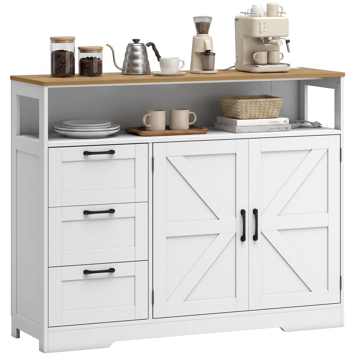 Sideboard Buffet Cabinet with Storage and Charging Station, 48" Farmhouse Kitchen Storage Cabinet with 3 Drawers and Open Shelf, Coffee Bar Station with Adjustable Shelf