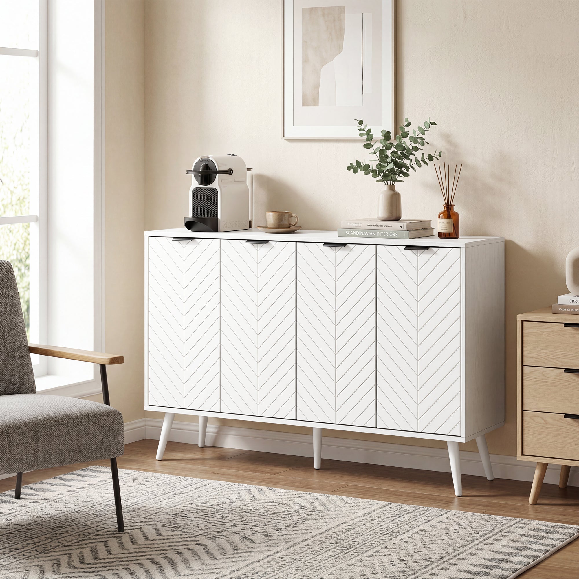 Modern Sideboard Buffet Cabinet, 47" Kitchen Storage Cabinet with 4 Doors and 2 Adjustable Shelves, Coffee Bar Station, White
