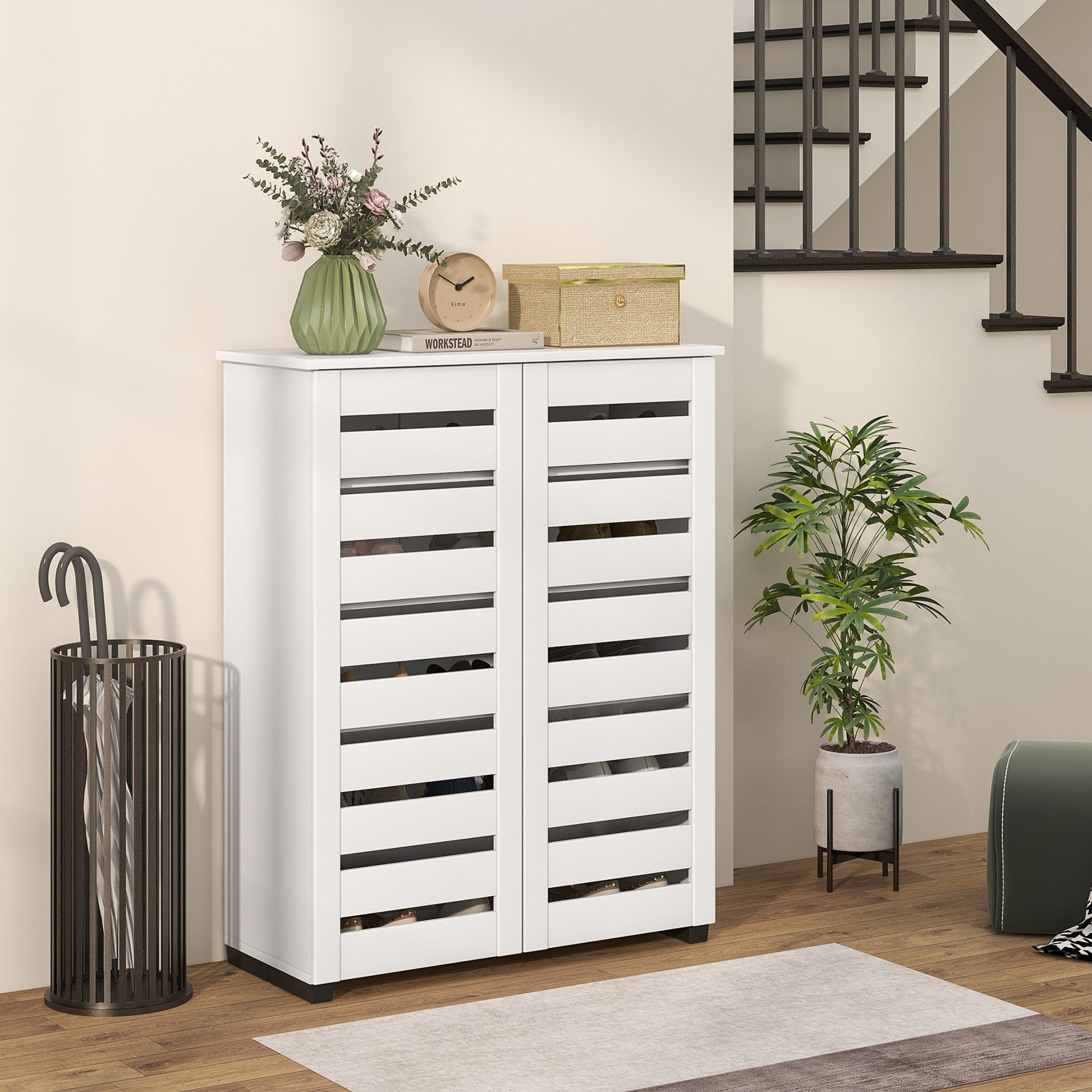 Narrow Shoe Cabinet for Entryway, 5-Tier Slim Shoe Storage Cabinet with 2 Slatted Doors and Adjustable Shelves for 15 Pairs, White