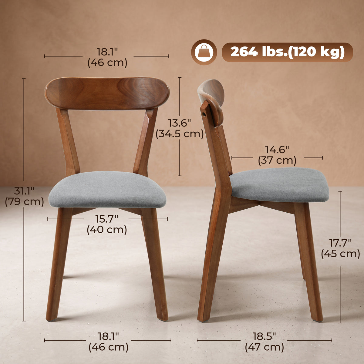 Dining Chairs Set of 2, Mid-Century Modern Upholstered Kitchen Chairs with Rubberwood Legs, Curved Backrest, Cushioned Seat for Dining Room, Living Room, Grey and Brown