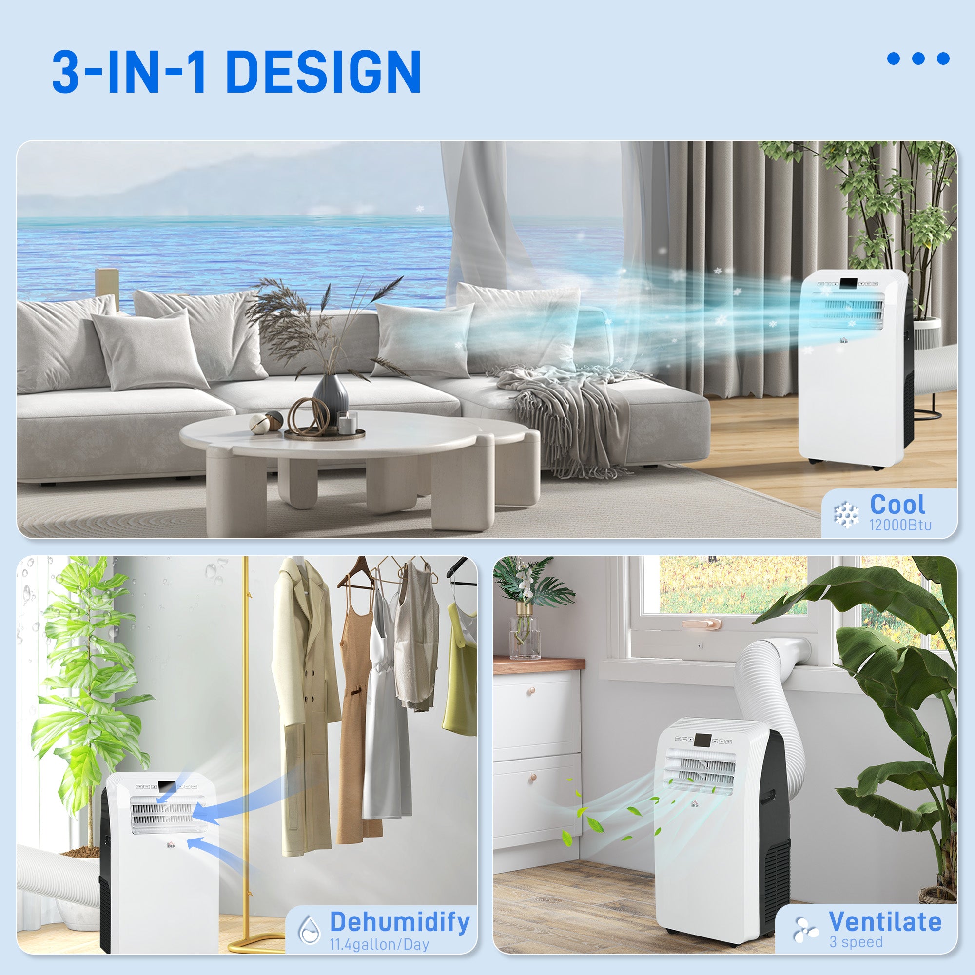12000 BTU Mobile Air Conditioner 550 Sq. Ft., Dehumidifier 24H Timer, White