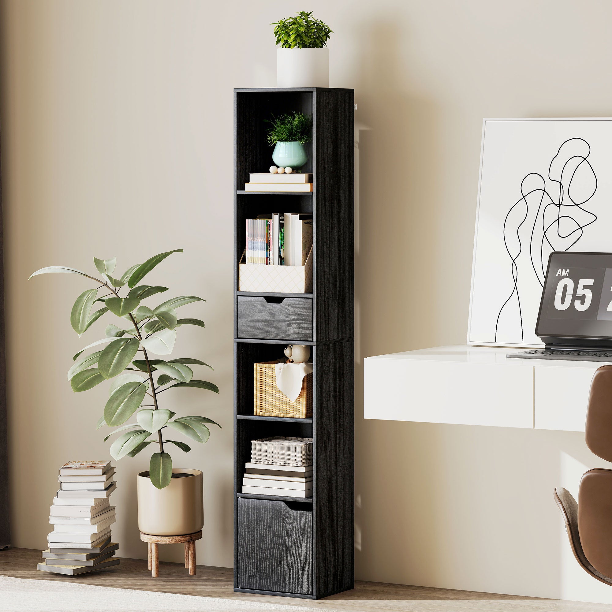 6-Tier Bookcase, Tall Narrow Bookshelf with Drawer, Door, Adjustable Shelf, Modern Display Standing Shelving Unit for Living Room, Home Office, Bedroom, 30 x 24 x 158 cm, Black