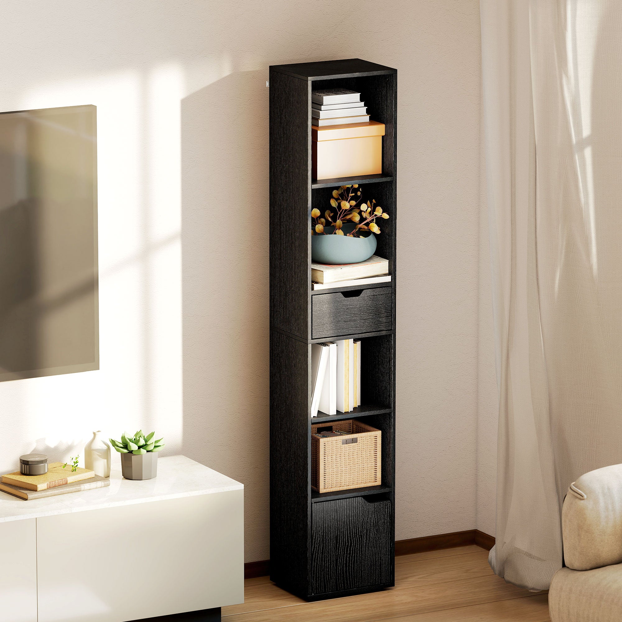 6-Tier Bookcase, Tall Narrow Bookshelf with Drawer, Door, Adjustable Shelf, Modern Display Standing Shelving Unit for Living Room, Home Office, Bedroom, 30 x 24 x 158 cm, Black