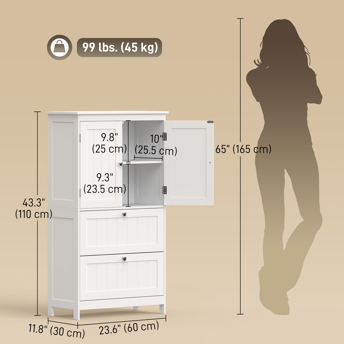 Bathroom Storage Cabinet, Freestanding Bathroom Cabinet with 2 Drawers, Adjustable Shelf, Beadboard Doors for Living Room, Entryway, Kitchen, White