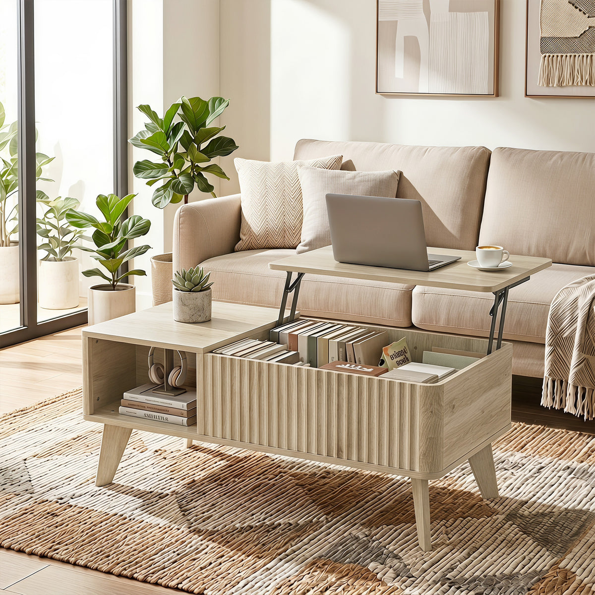 40" Fluted Lift Top Coffee Table with Storage, Mid-Century Modern Coffee Table with Hidden Compartment, Open Shelf and Rounded Corners for Living Room, Oak