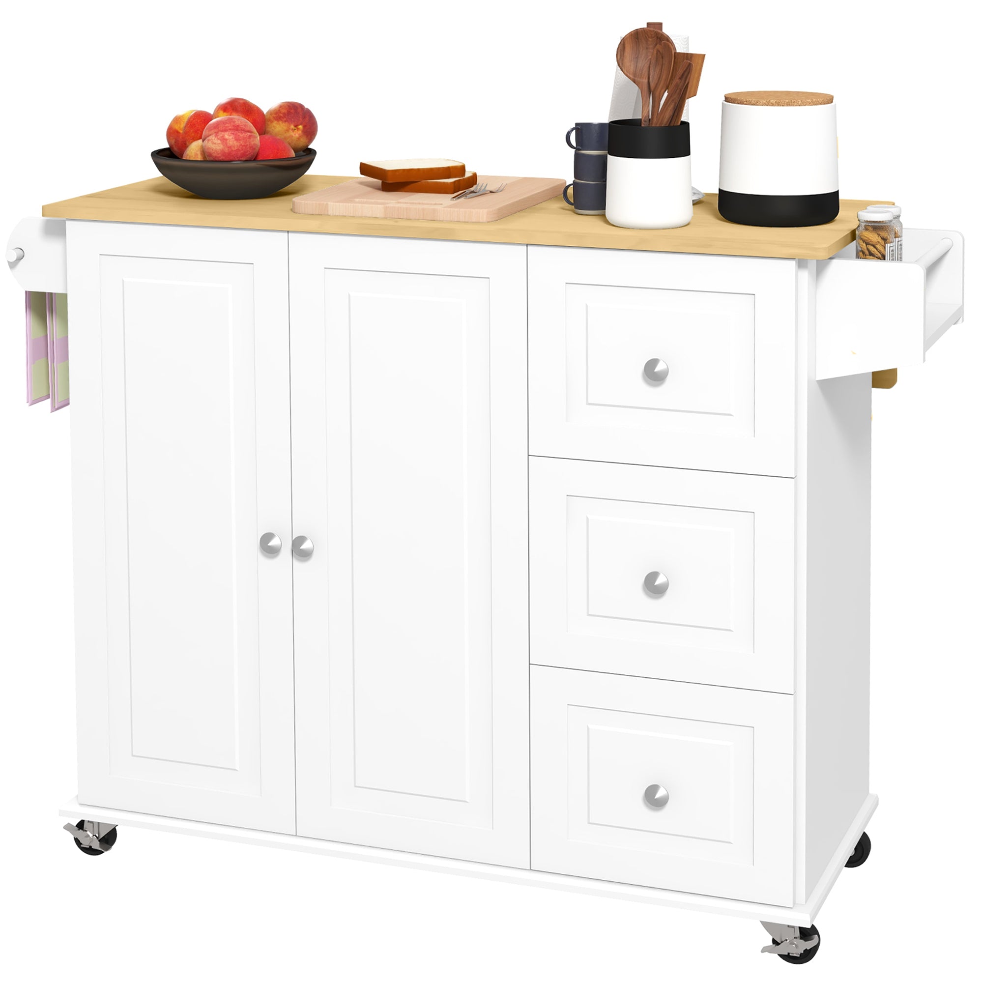 Rolling Kitchen Island with Drop Leaf, 3 Drawers, Cabinet & Natural Wood Top, White