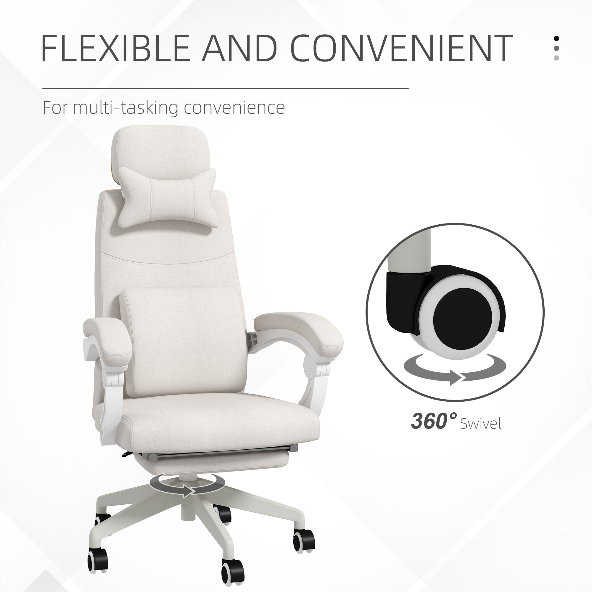 Vinsetto Office Chair, Ergonomic Desk Chair, High Back Fabric Work Chair with 160° Reclining Backrest, Retractable Footrest, Neck and Lumbar Pillow for Home and Study, White