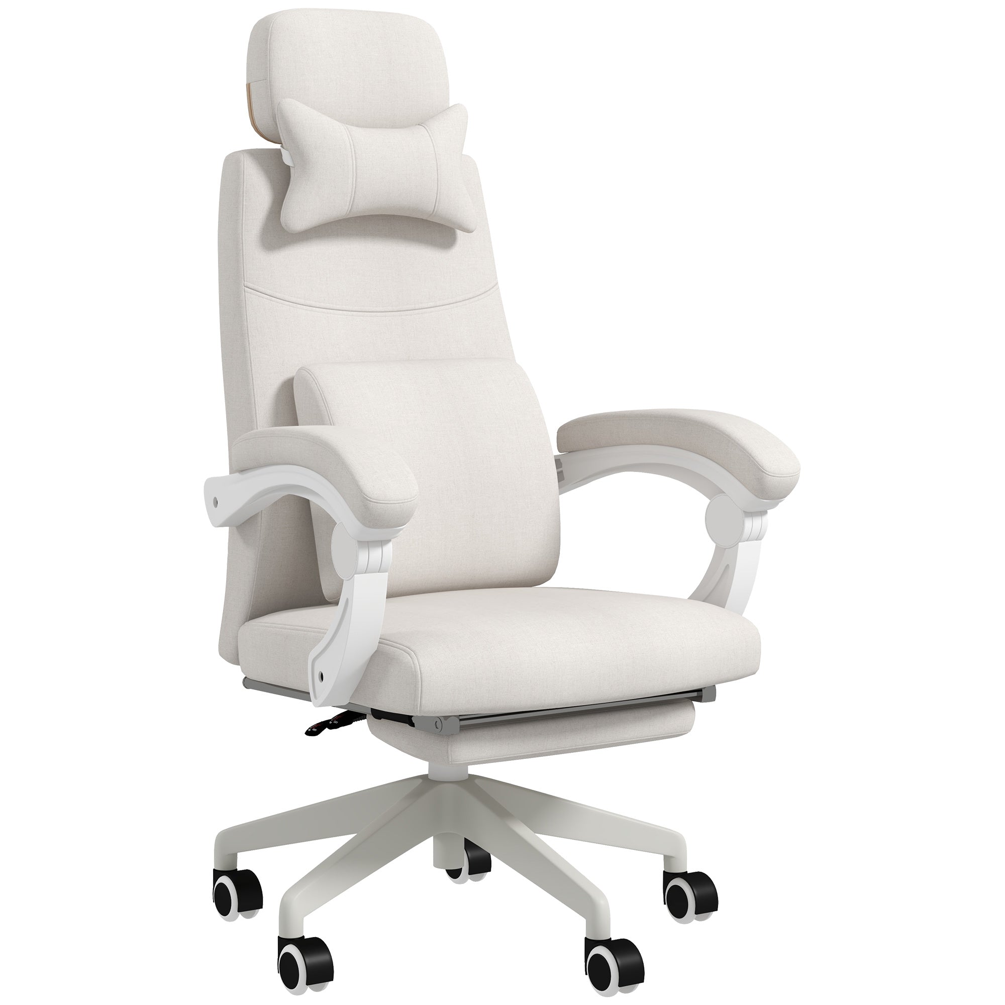 Vinsetto Office Chair, Ergonomic Desk Chair, High Back Fabric Work Chair with 160° Reclining Backrest, Retractable Footrest, Neck and Lumbar Pillow for Home and Study, White
