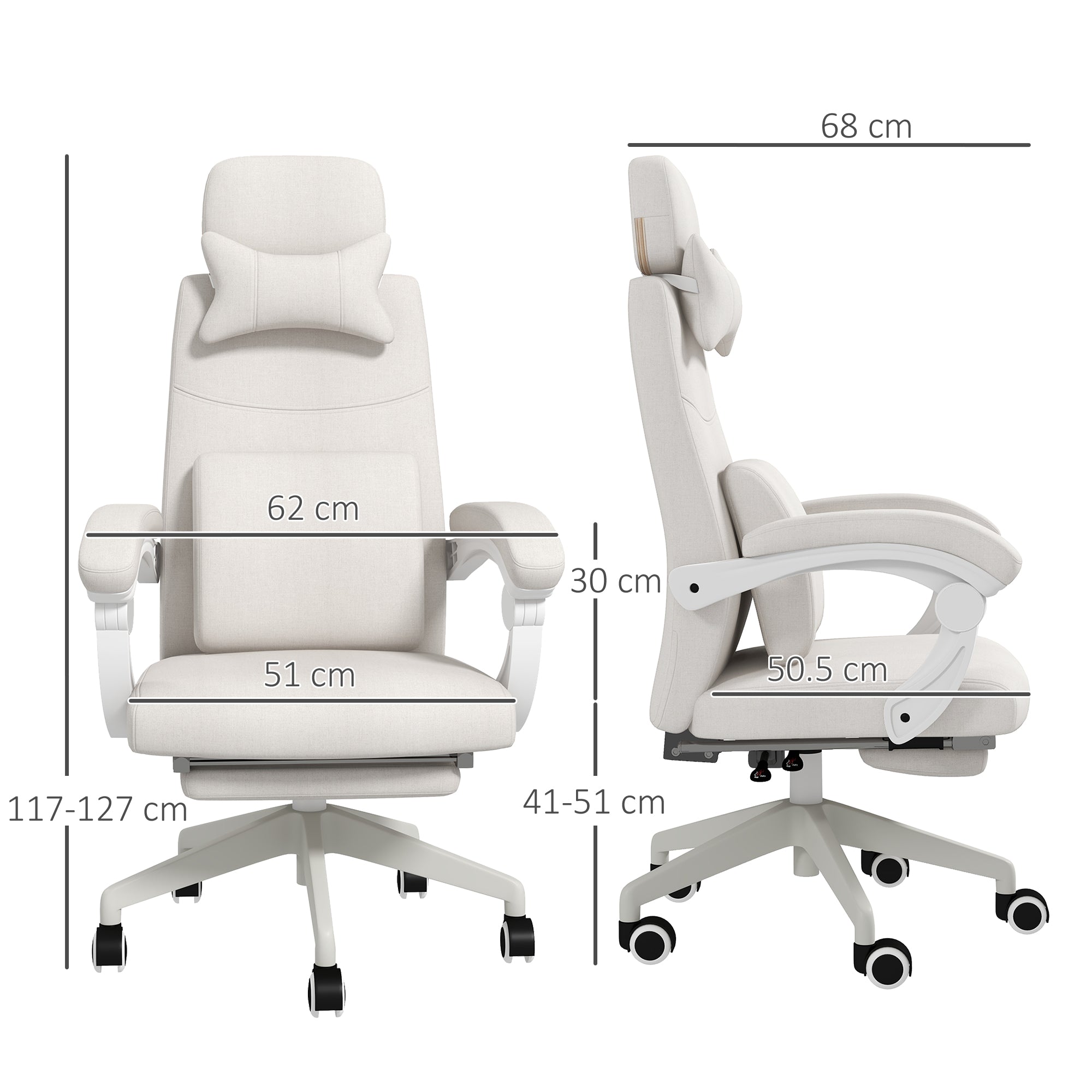 Vinsetto Office Chair, Ergonomic Desk Chair, High Back Fabric Work Chair with 160° Reclining Backrest, Retractable Footrest, Neck and Lumbar Pillow for Home and Study, White