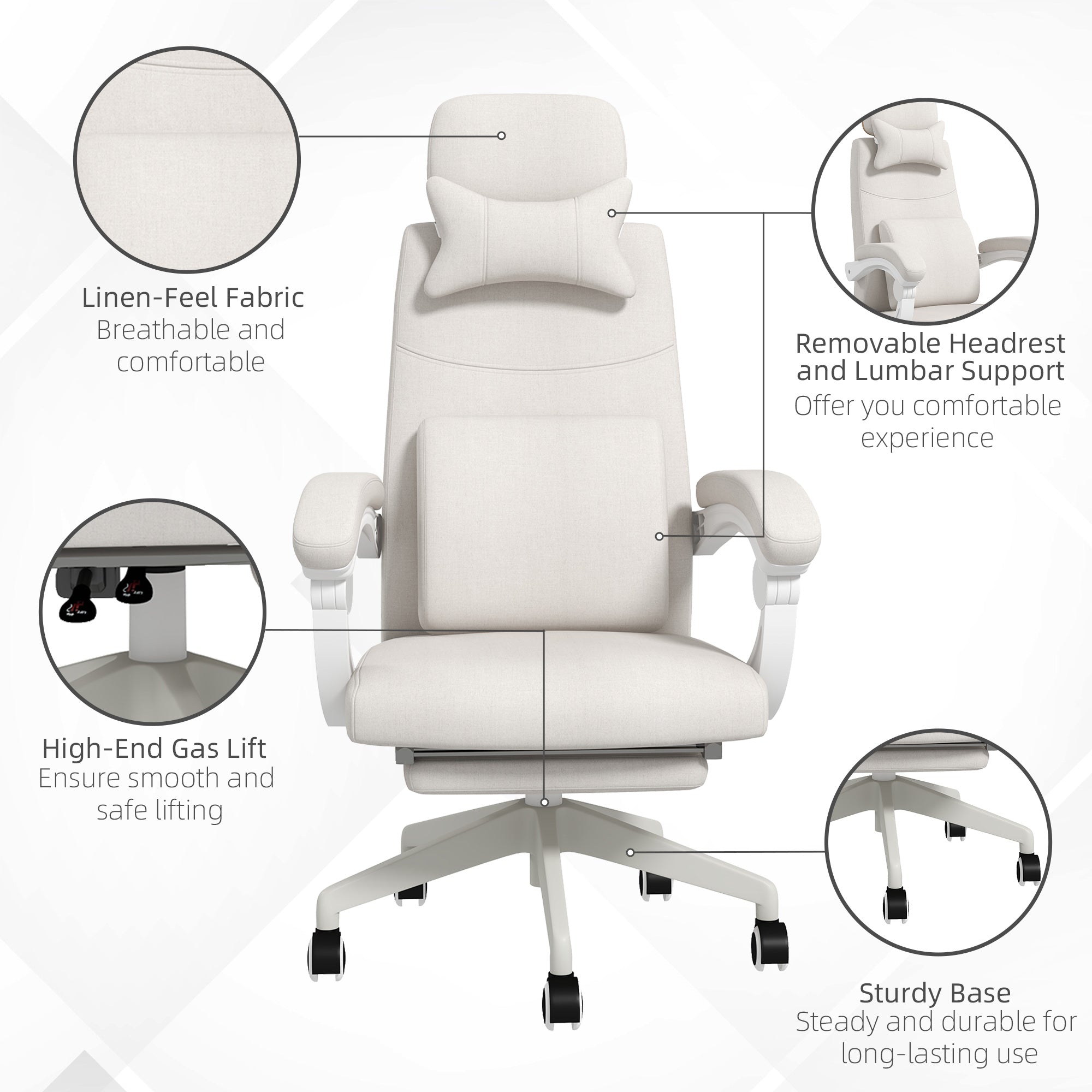 Vinsetto Office Chair, Ergonomic Desk Chair, High Back Fabric Work Chair with 160° Reclining Backrest, Retractable Footrest, Neck and Lumbar Pillow for Home and Study, White