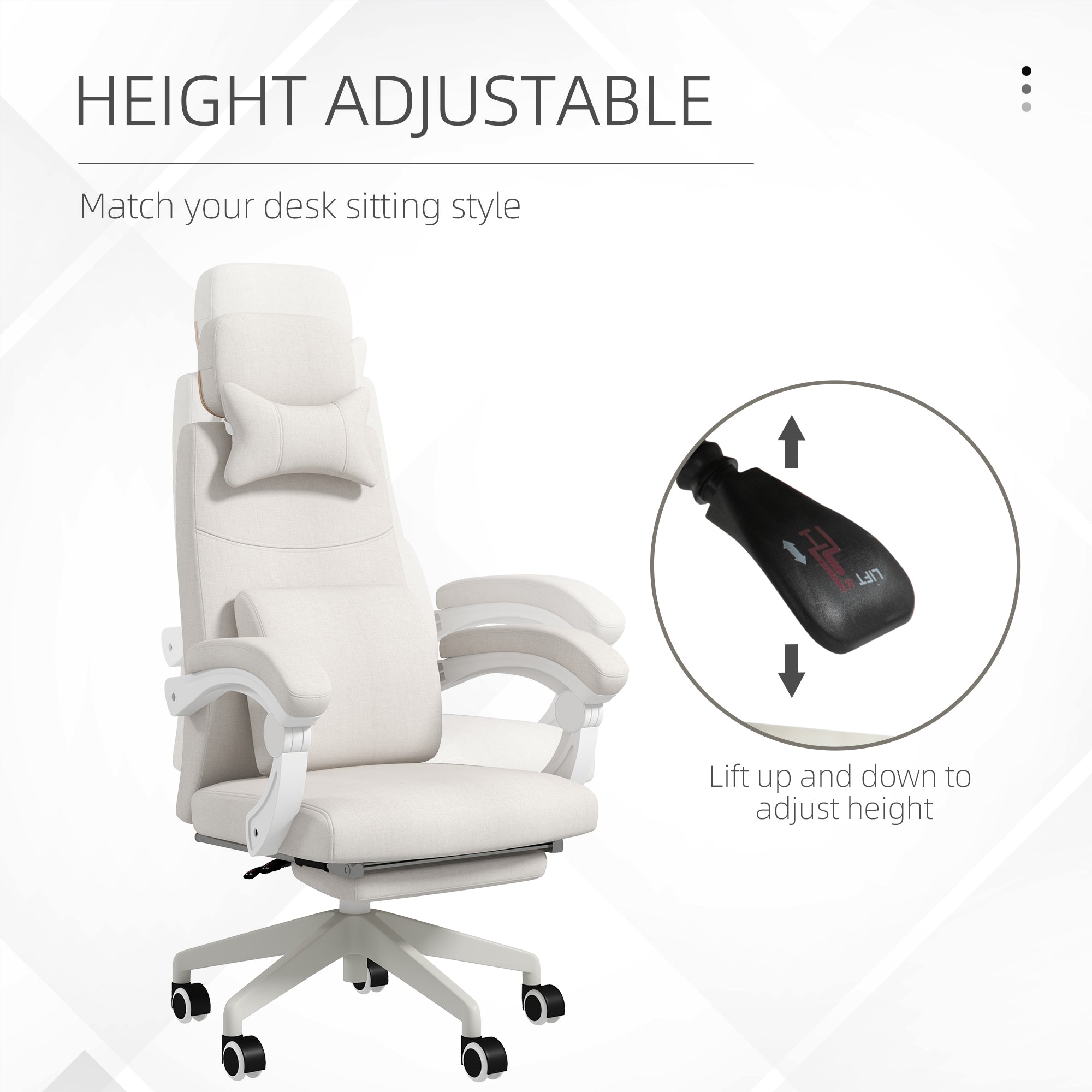 Vinsetto Office Chair, Ergonomic Desk Chair, High Back Fabric Work Chair with 160° Reclining Backrest, Retractable Footrest, Neck and Lumbar Pillow for Home and Study, White