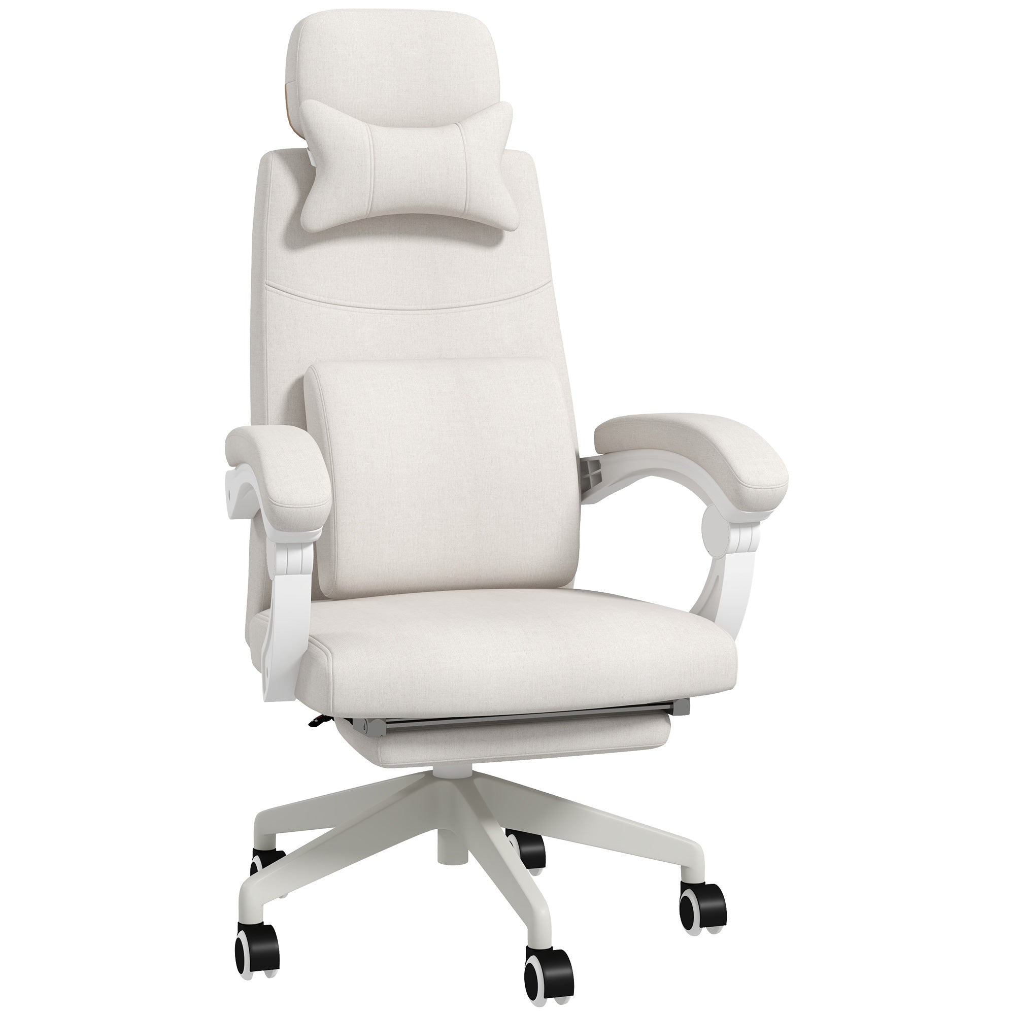 Vinsetto Office Chair, Ergonomic Desk Chair, High Back Fabric Work Chair with 160° Reclining Backrest, Retractable Footrest, Neck and Lumbar Pillow for Home and Study, White