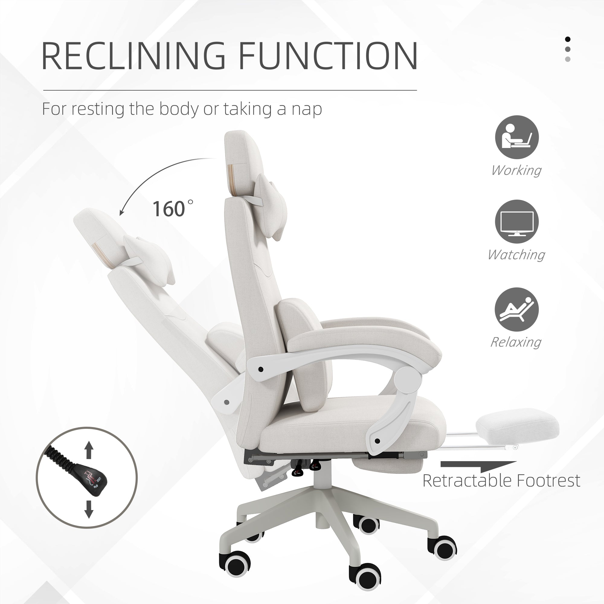 Vinsetto Office Chair, Ergonomic Desk Chair, High Back Fabric Work Chair with 160° Reclining Backrest, Retractable Footrest, Neck and Lumbar Pillow for Home and Study, White
