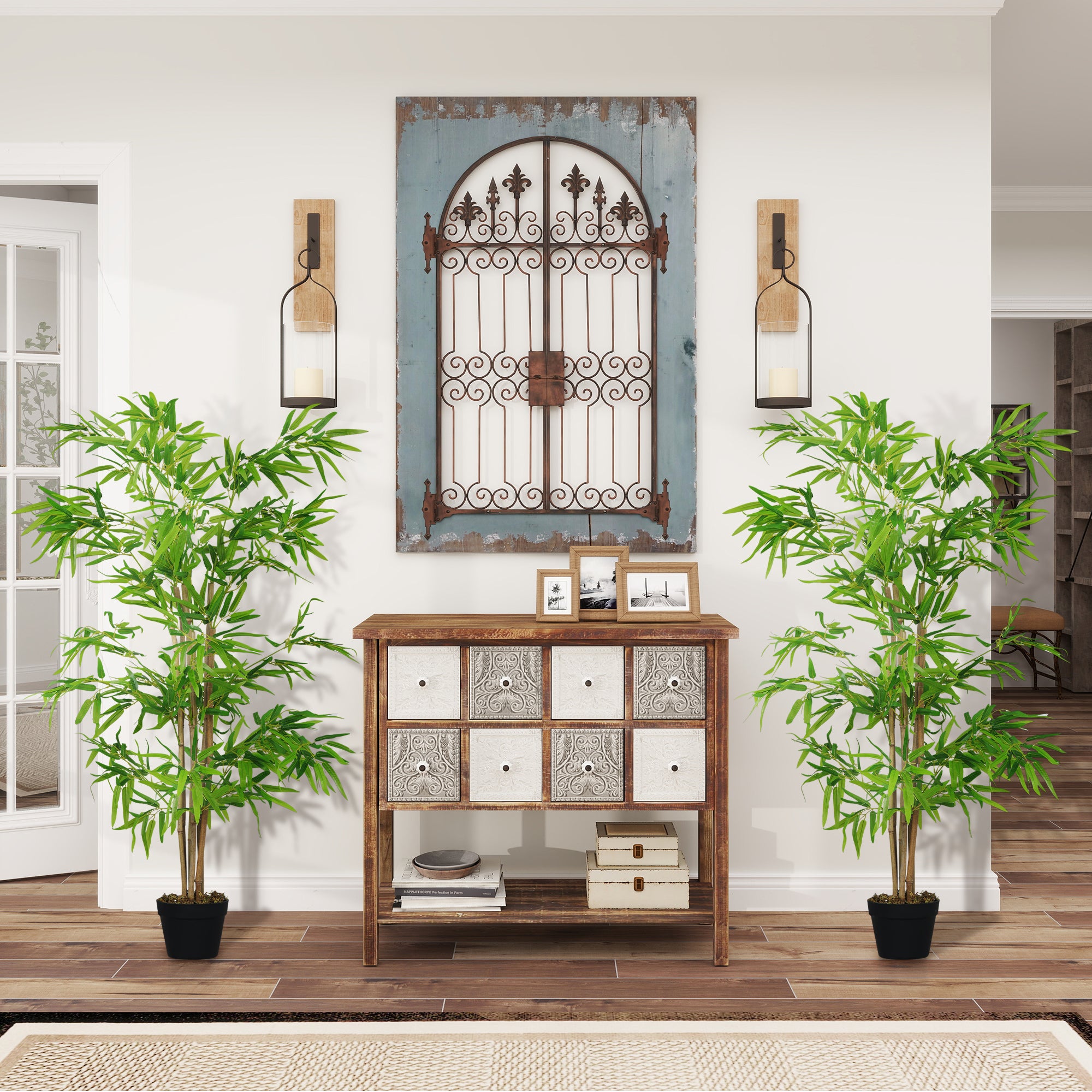 Artificial Bamboo Tree Set of 2, 5ft Tall Fake Tree with Realistic Leaf and Natural Trunk, Faux Decorative Plant in Nursery Pot for Indoor Decor