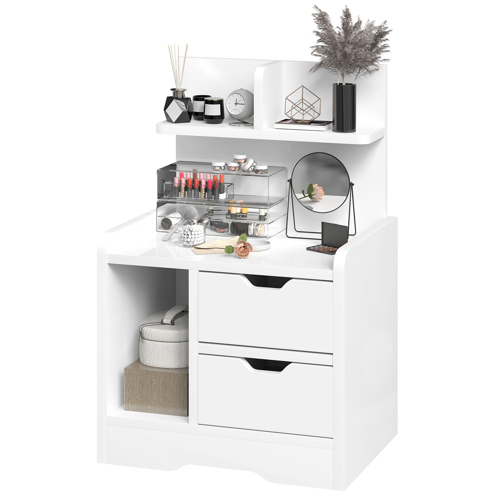 Bedside Table, Small Bedside Cabinet with 2 Drawers and Storage Shelves, Modern Nightstand for Bedroom, High Gloss White