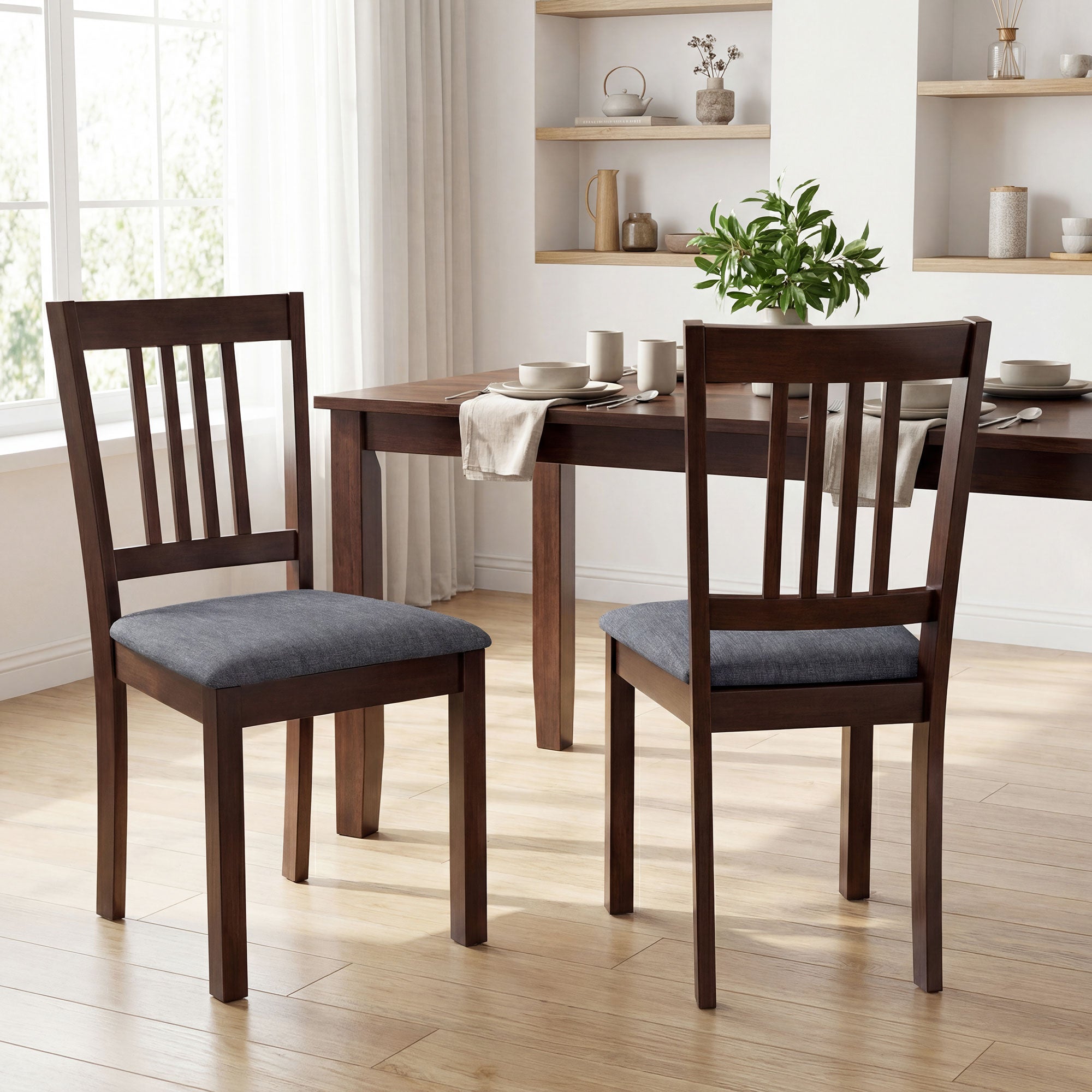 Modern Dining Chairs Set of 2, Linen Fabric Upholstered Kitchen Chairs with Rubberwood Legs for Dining Room, Living Room, Gray and Walnut