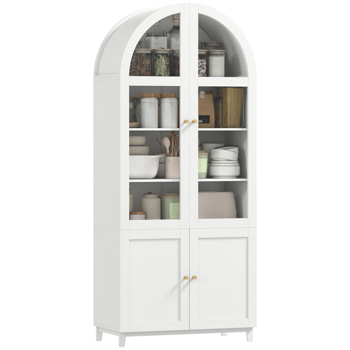 71" Tall Arched Kitchen Pantry Cabinet, Farmhouse Freestanding Kitchen Storage Cabinet with Adjustable Shelves, Acrylic Glass Doors for Living Room, Dining Room, White