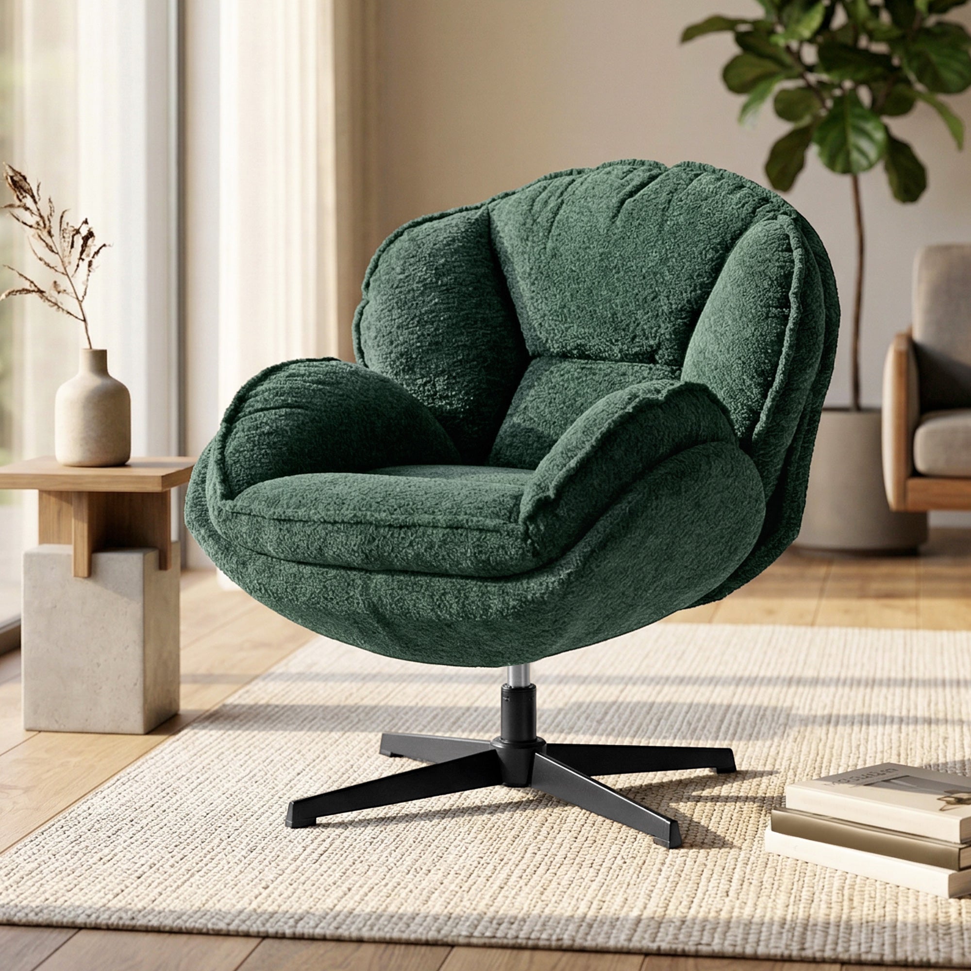 Modern Wingback Accent Chair, Velvet Armchair with 360° Swivel, Four-Star Base, S-Springs, Bedroom Chair for Living Room, Bedroom, Study, Dark Green