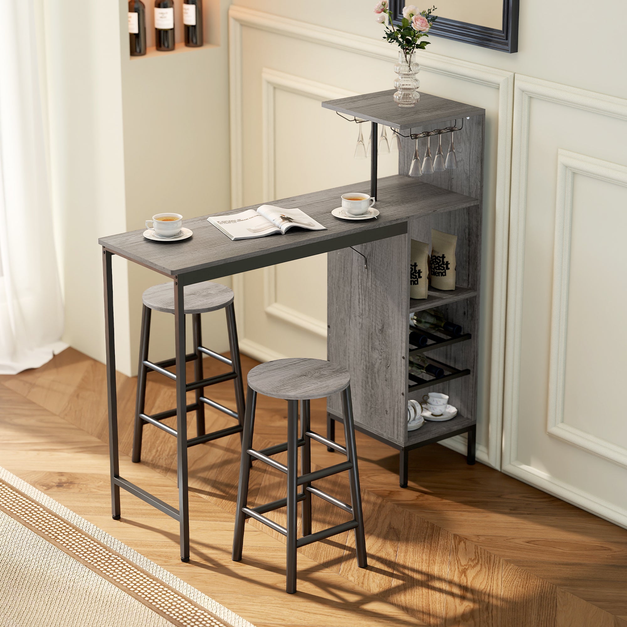 3 Pieces Dining Room Set, 6-Tier Dining Table with Storage Shelves, Wine Racks, Glass Holders, 2 Round Stools with Footrest, for Small Spaces, Kitchen, Dining Room, Natural Wood Finish