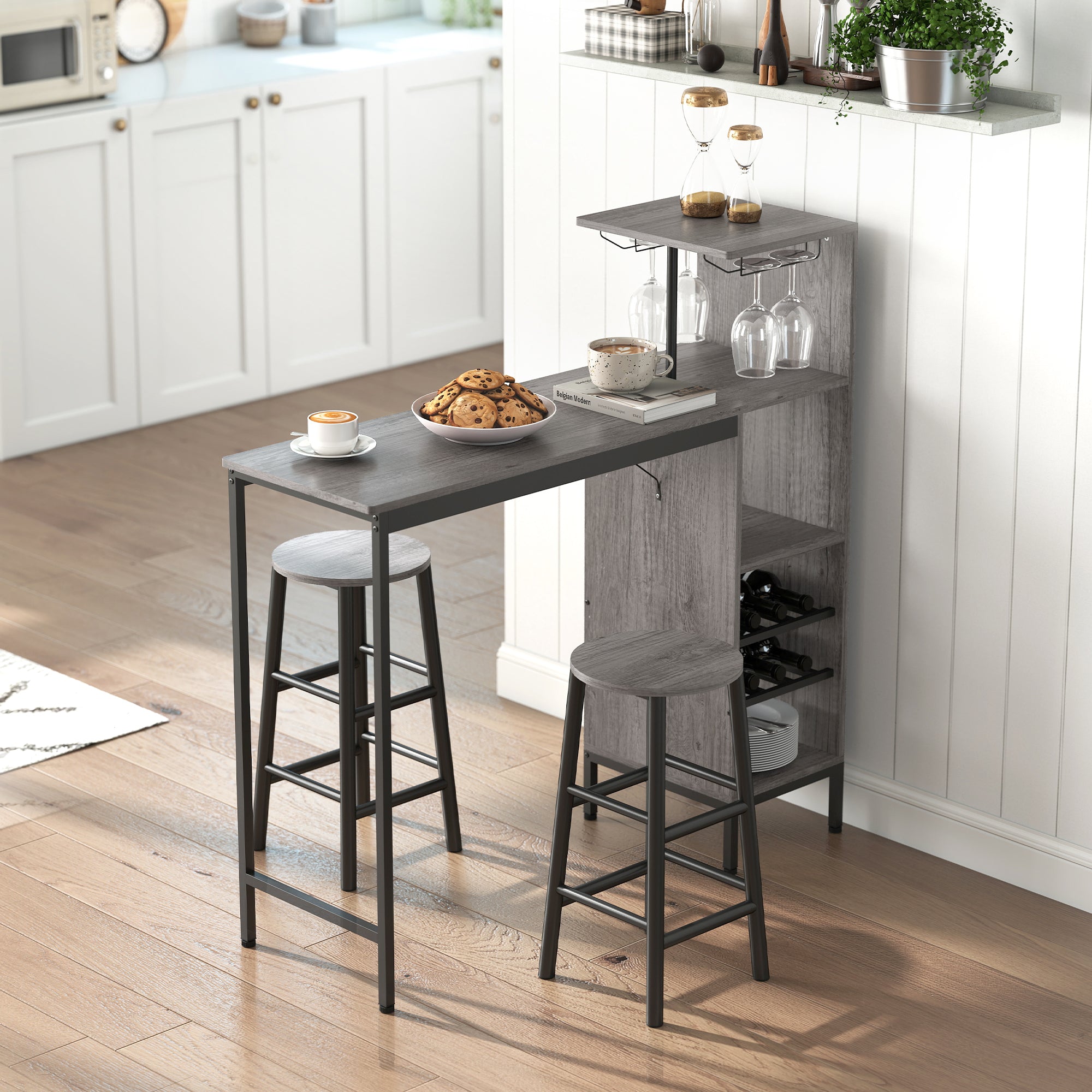 3 Pieces Dining Room Set, 6-Tier Dining Table with Storage Shelves, Wine Racks, Glass Holders, 2 Round Stools with Footrest, for Small Spaces, Kitchen, Dining Room, Natural Wood Finish