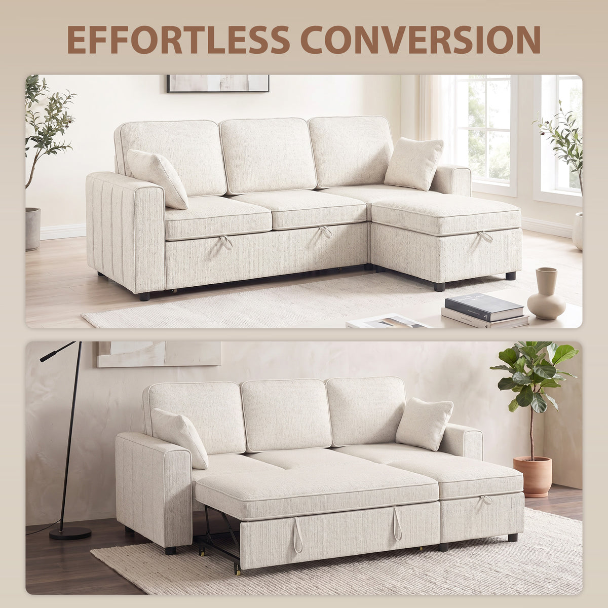 Modular Sectional Sofa Bed with Reversible Storage Ottoman, Chenille Pull Out Sleeper Sofa with Spring Cushion, Wide and Deep Seat, 3 Seater Couch for Living Room, Beige