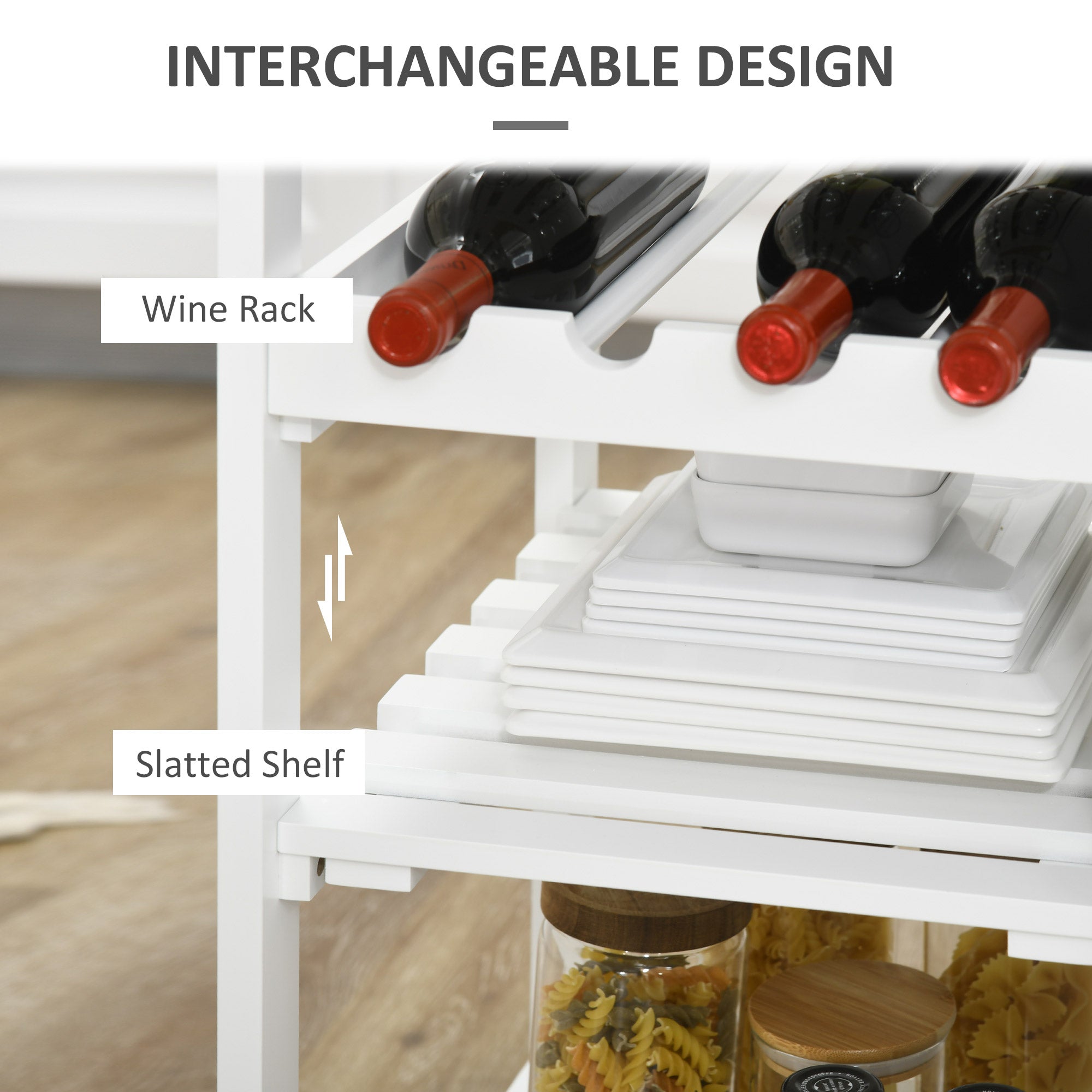 Rolling Kitchen Cart with 4-Bottle Wine Rack, Stemware Holder, Shelves & Drawer, White