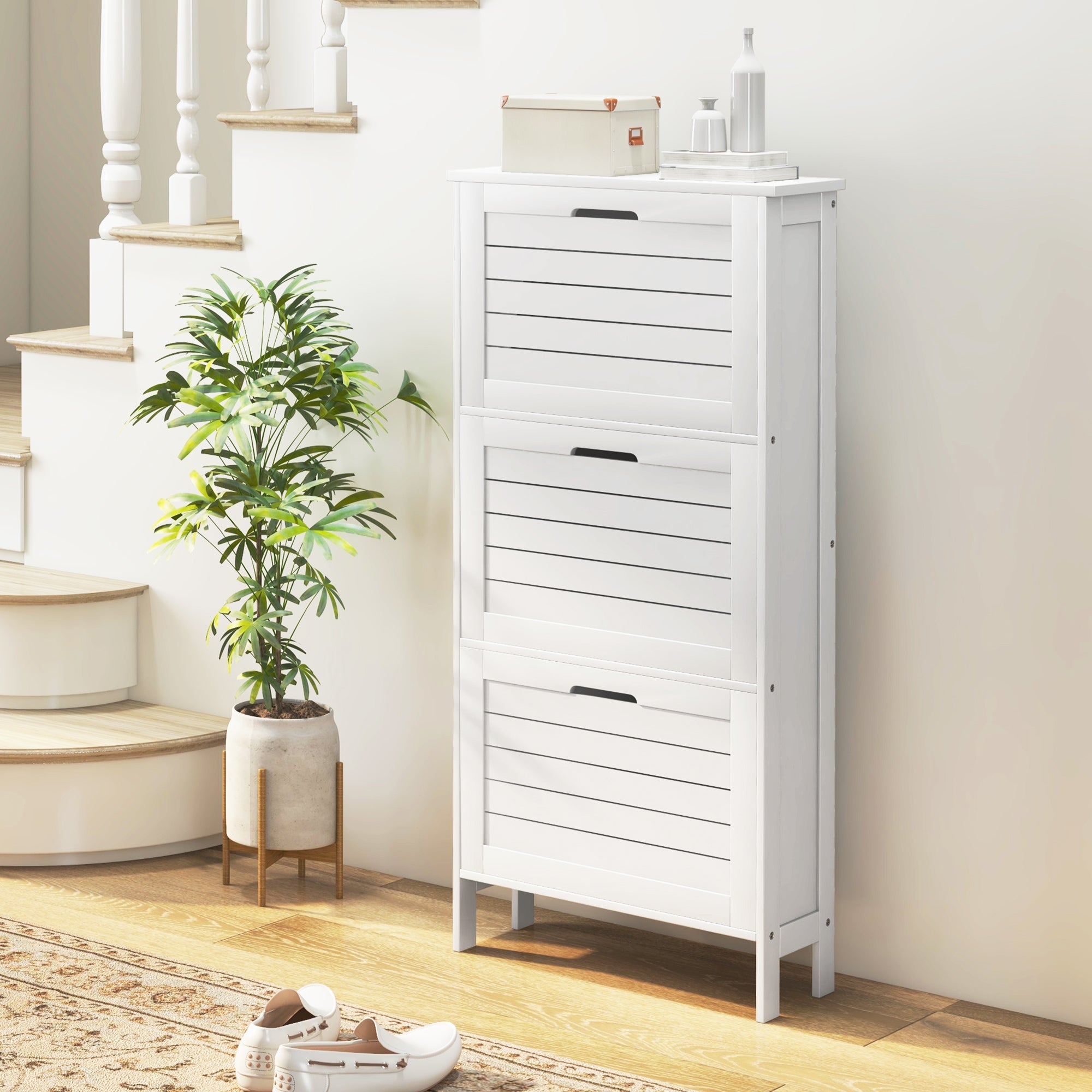 Shoe Storage Cabinet with 3 Flip Drawers and Louvered Doors for 6 Pairs of Shoes, White