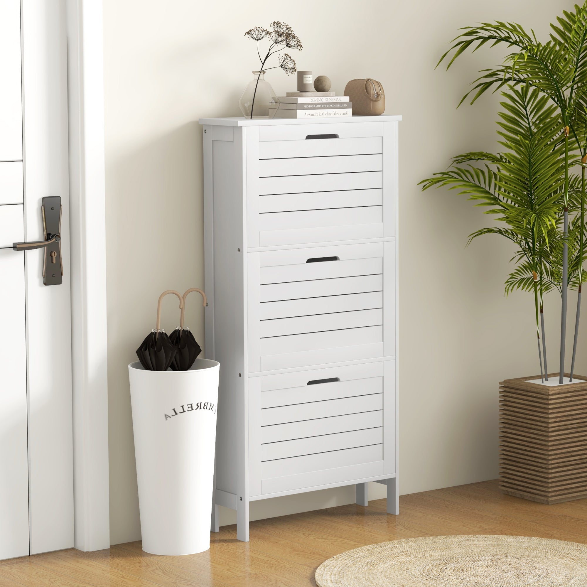 Shoe Storage Cabinet with 3 Flip Drawers and Louvered Doors for 6 Pairs of Shoes, White