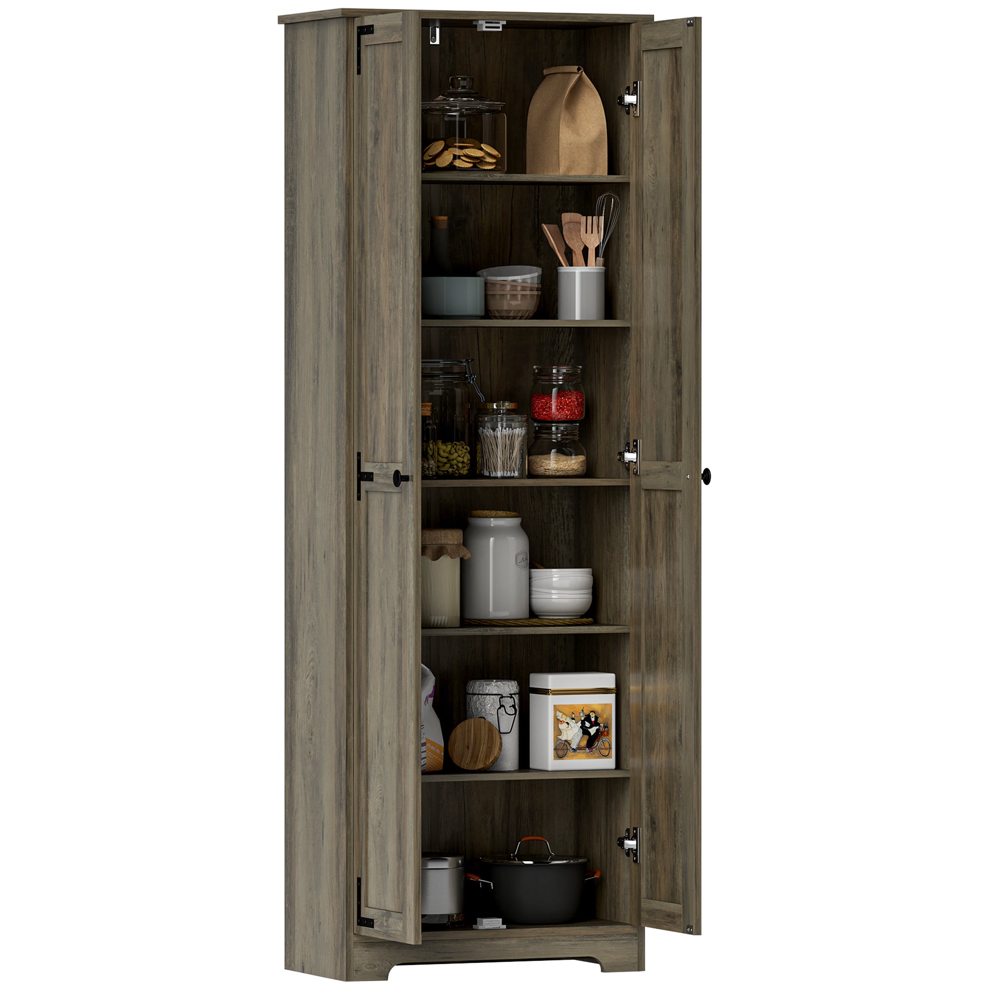 67" Farmhouse Pantry Cabinet, Freestanding Kitchen Pantry Storage Cabinet with Adjustable Shelves, Tall Storage Cupboard with Recessed Doors, Distressed Gray