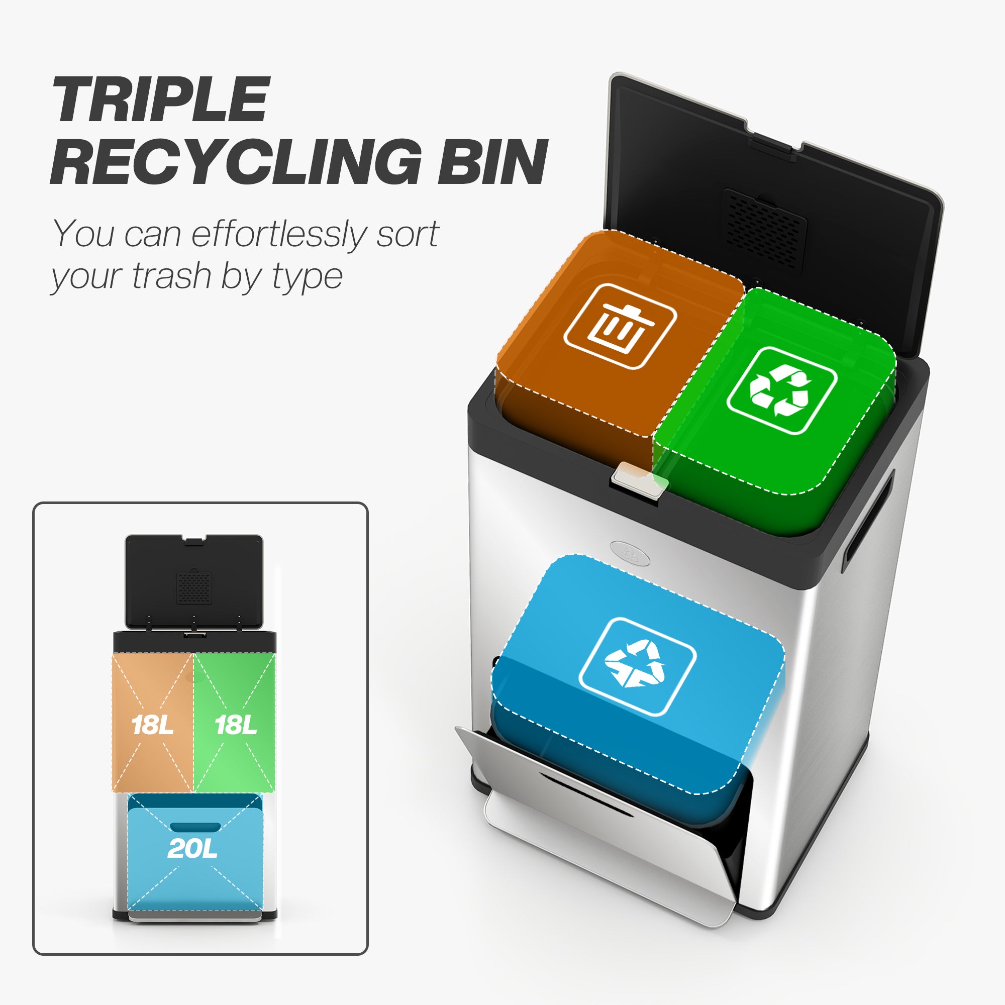 HOMCOM 56L Kitchen Bin, Stainless Steel 3 Compartment Bin with Wheels, Soft Close Lid, Removable Inner Buckets, Fingerprint-Proof for Recycling and Waste, Silver