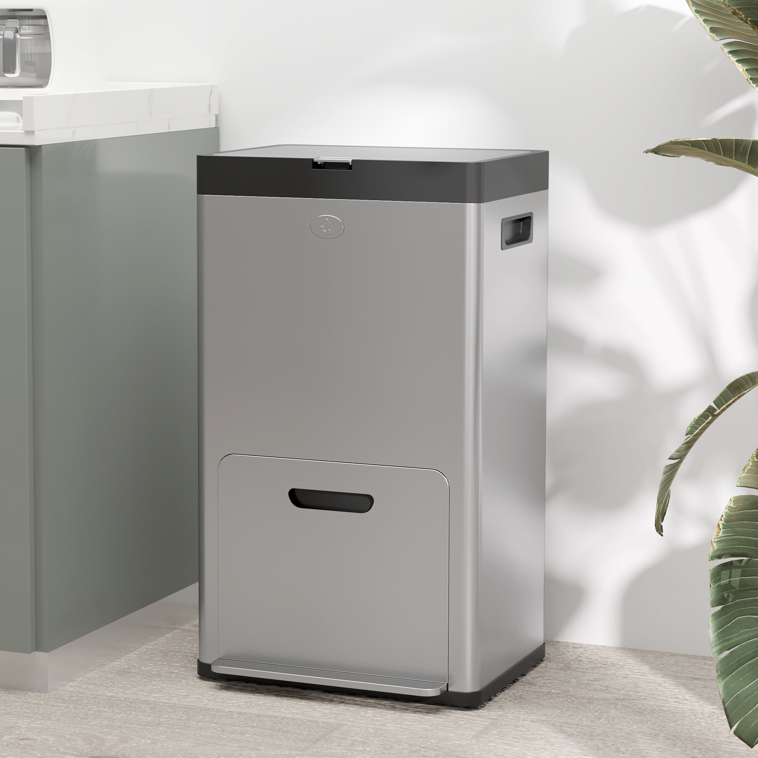 HOMCOM 56L Kitchen Bin, Stainless Steel 3 Compartment Bin with Wheels, Soft Close Lid, Removable Inner Buckets, Fingerprint-Proof for Recycling and Waste, Silver