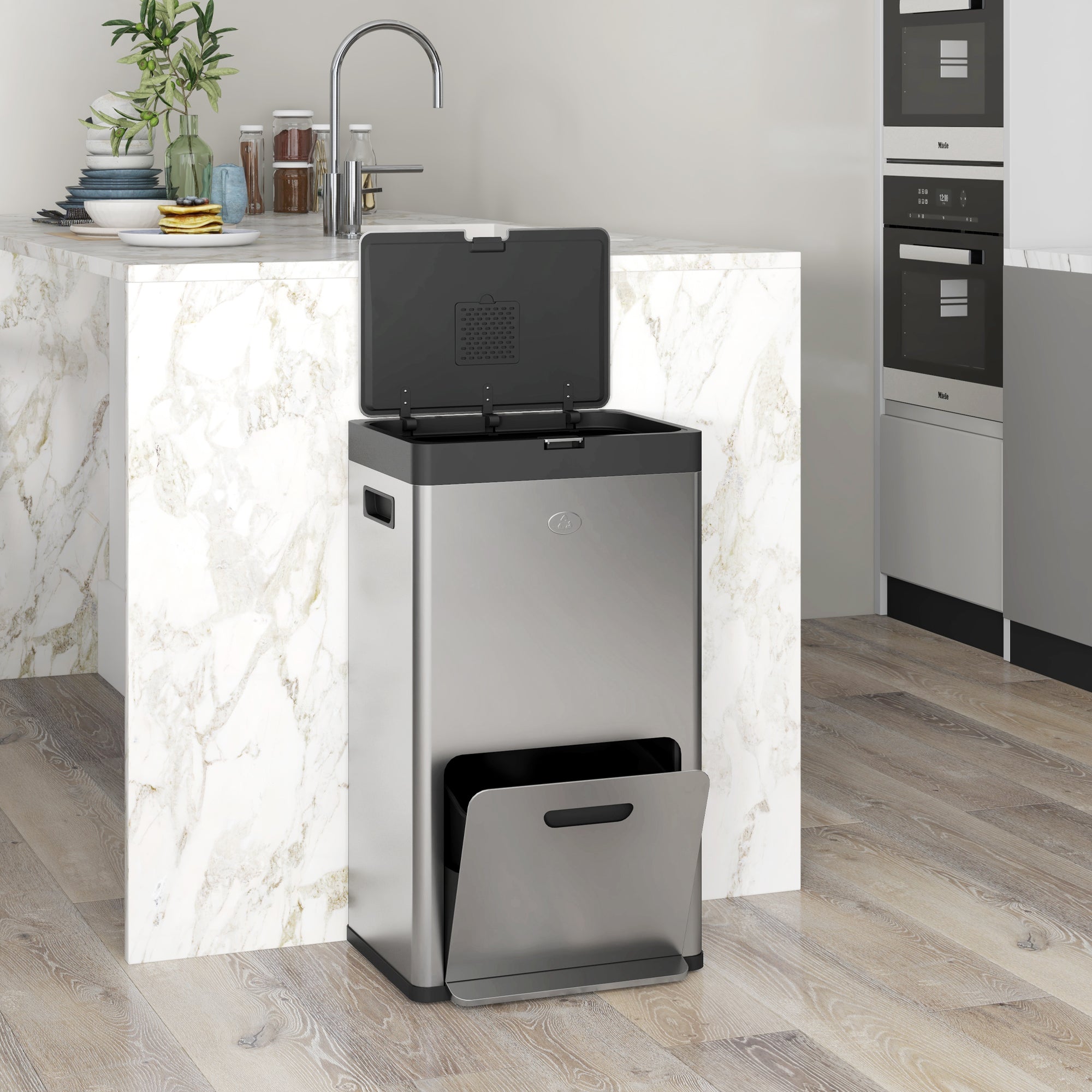 HOMCOM 56L Kitchen Bin, Stainless Steel 3 Compartment Bin with Wheels, Soft Close Lid, Removable Inner Buckets, Fingerprint-Proof for Recycling and Waste, Silver