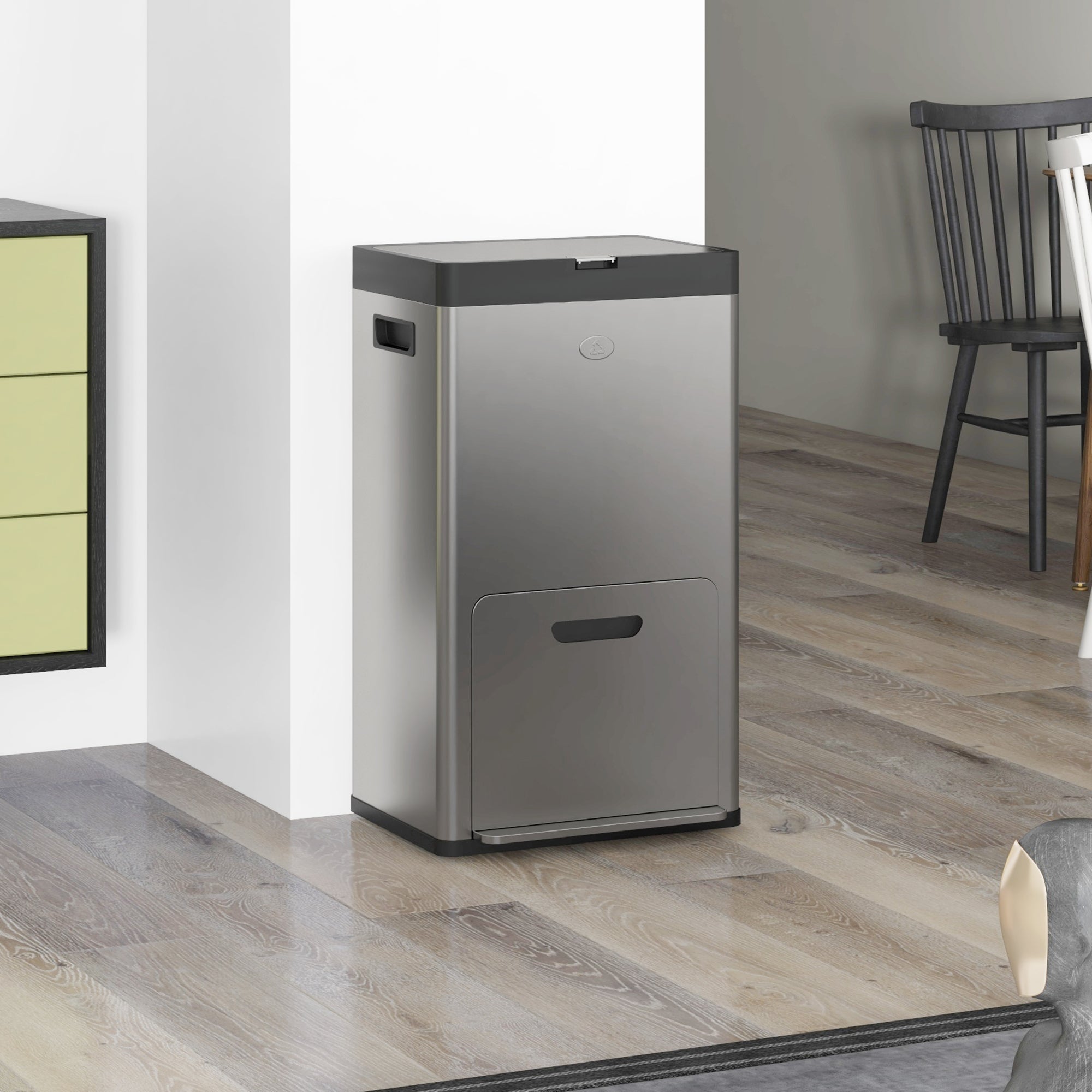 HOMCOM 56L Kitchen Bin, Stainless Steel 3 Compartment Bin with Wheels, Soft Close Lid, Removable Inner Buckets, Fingerprint-Proof for Recycling and Waste, Silver