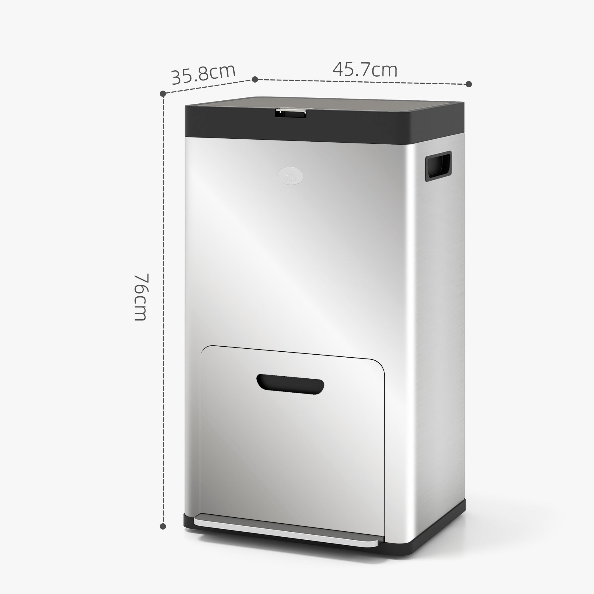 HOMCOM 56L Kitchen Bin, Stainless Steel 3 Compartment Bin with Wheels, Soft Close Lid, Removable Inner Buckets, Fingerprint-Proof for Recycling and Waste, Silver