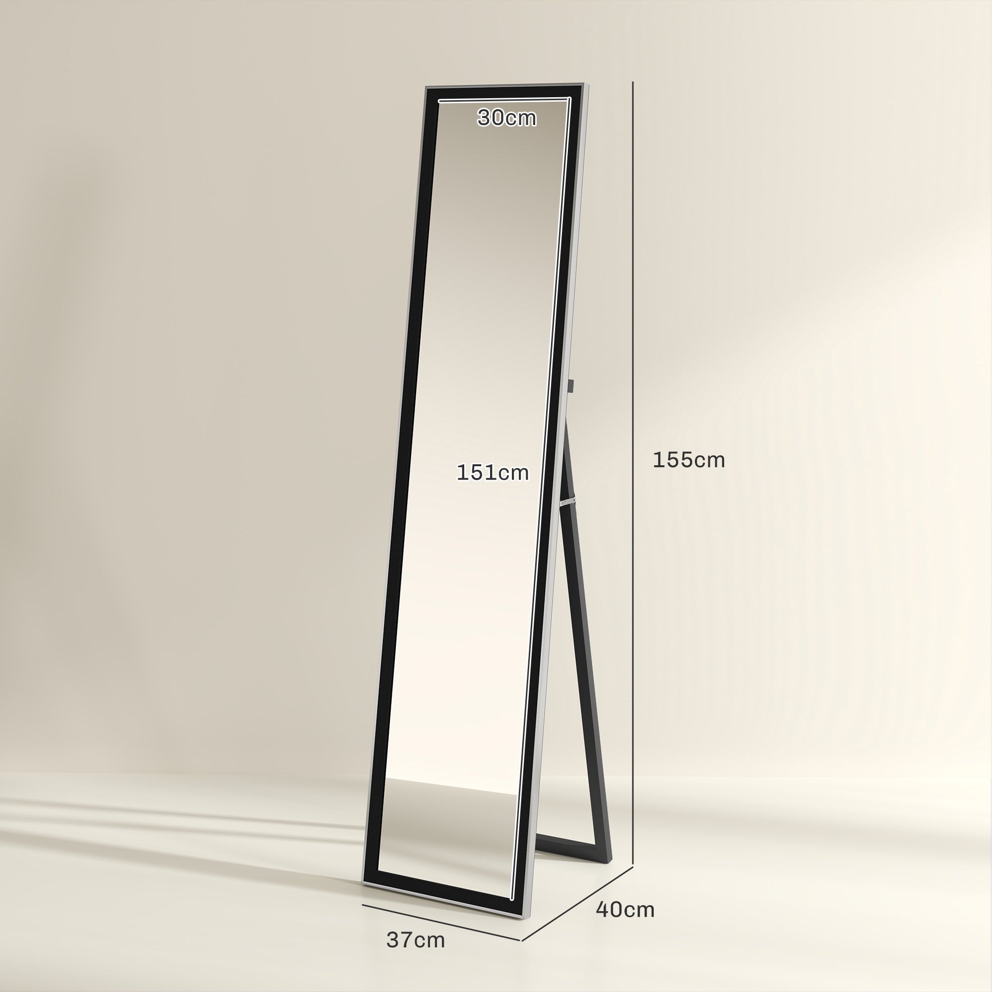 HOMCOM Full Length Mirror, 37 x 157cm Wall Mounted, Leaning, Free Standing Mirror, Framed Full Body Mirror for Living Room, Bedroom, Black