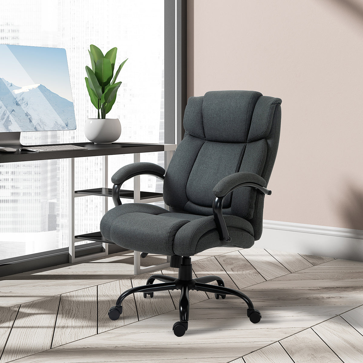 Executive Office Chair with Spring Padding, Linen Computer Desk Chair with Swivel Wheels, High Back, Height Adjustable, Charcoal Grey