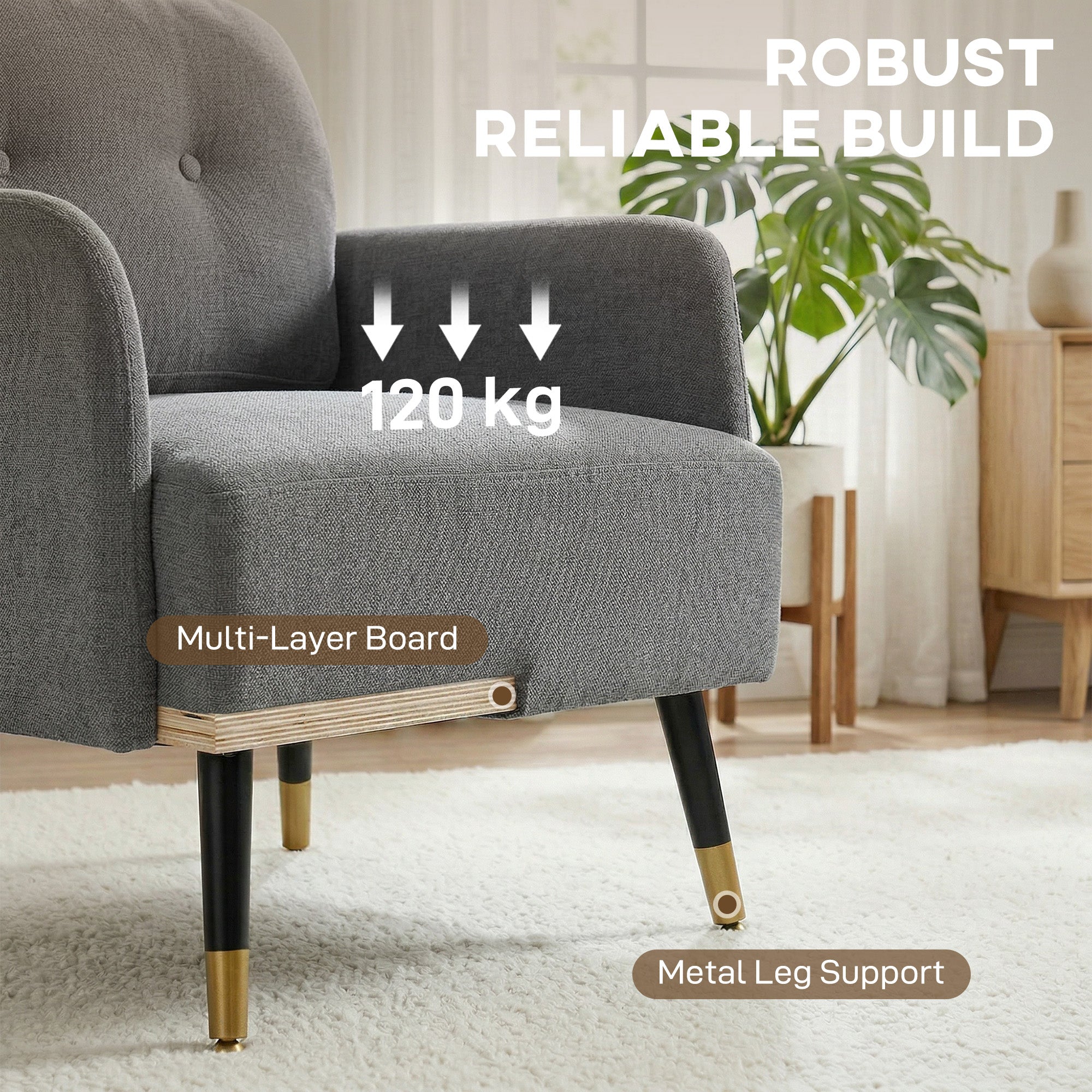 Modern Button Tufted Accent Chair, Upholstered Armchair, Living Room Chair with Thick Cushion and Metal Legs, Grey