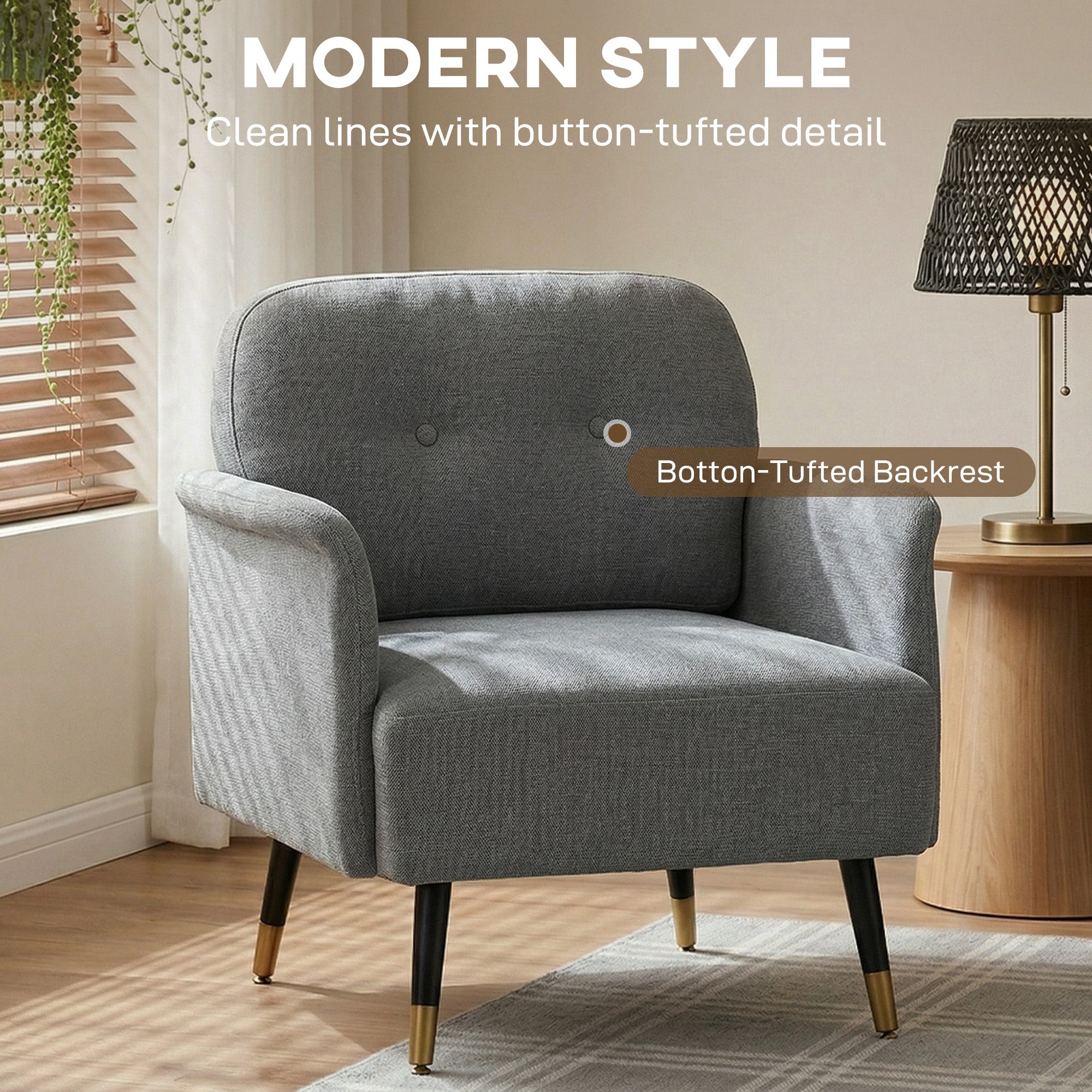 Modern Button Tufted Accent Chair, Upholstered Armchair, Living Room Chair with Thick Cushion and Metal Legs, Grey